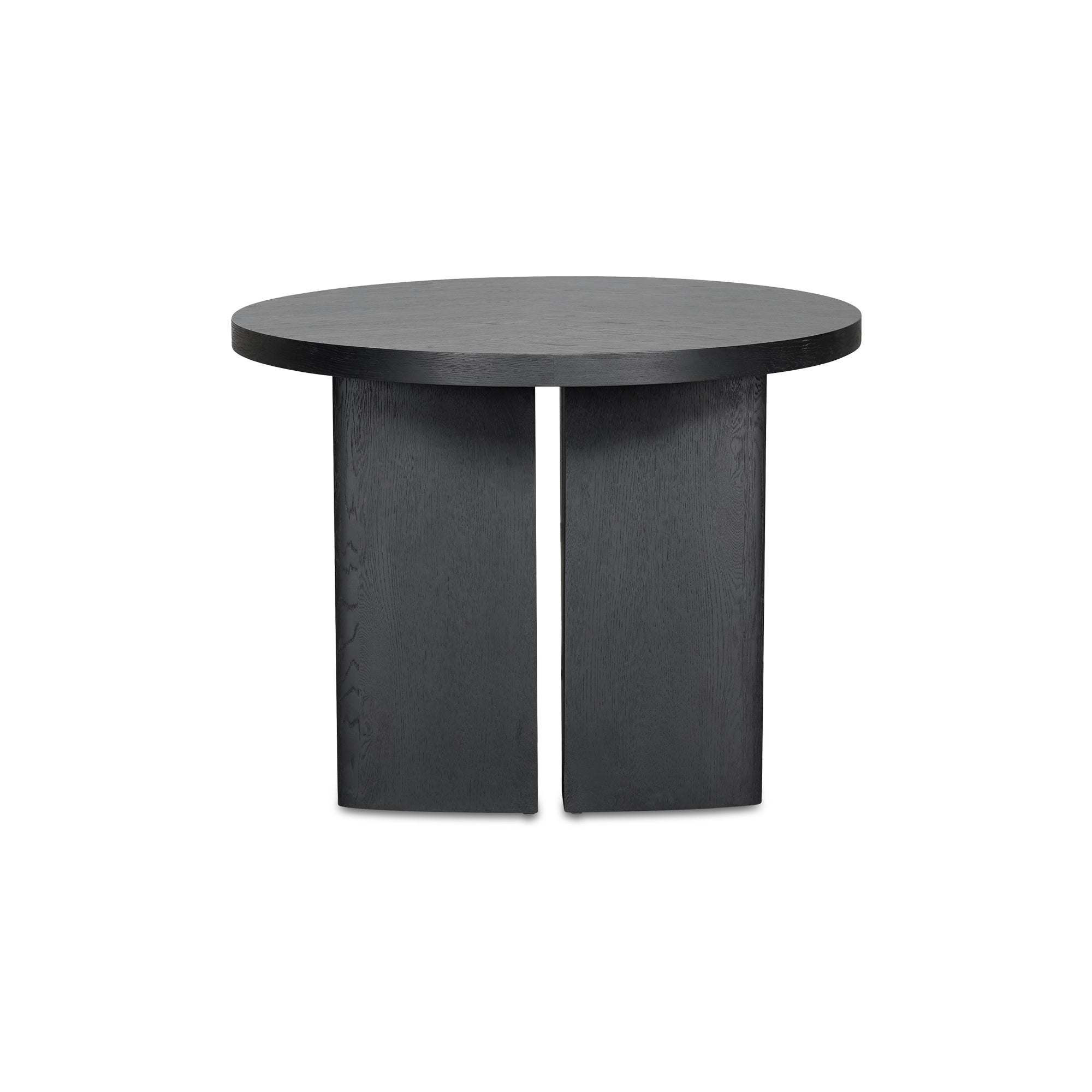 Black round table with two vertical legs on a white background