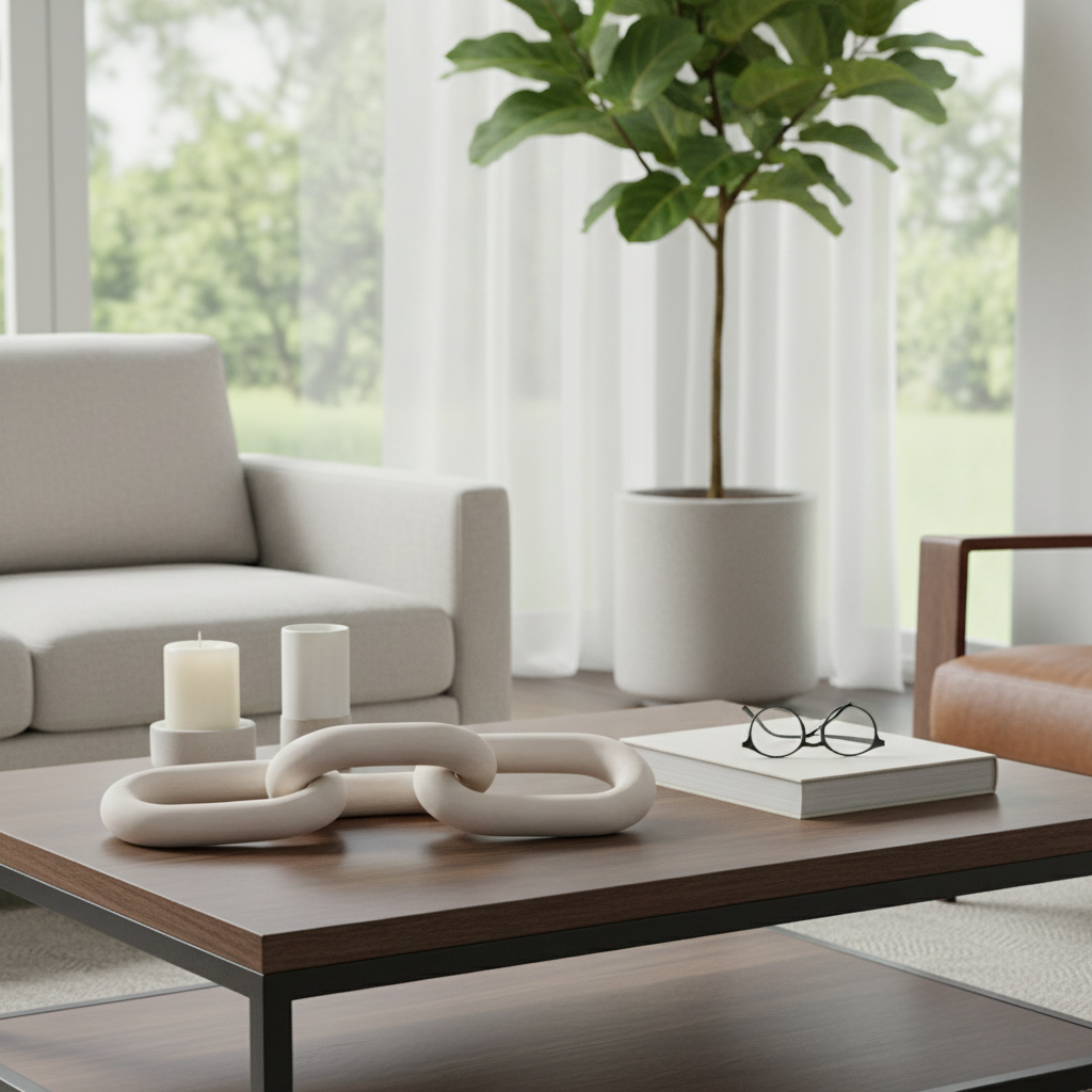 Modern living room with a coffee table, decorative items, and a plant.