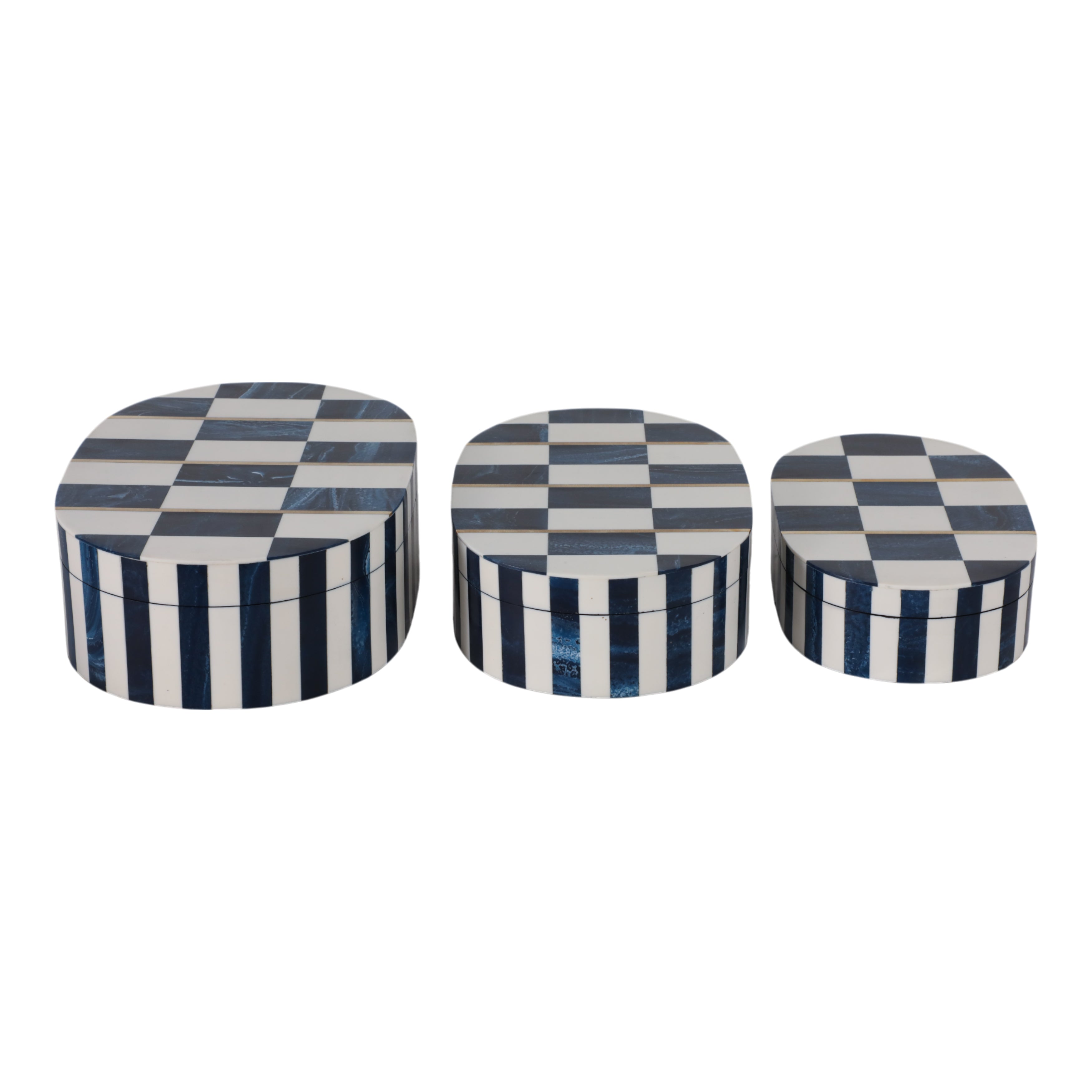Set of three cylindrical boxes with checkered pattern on a white background
