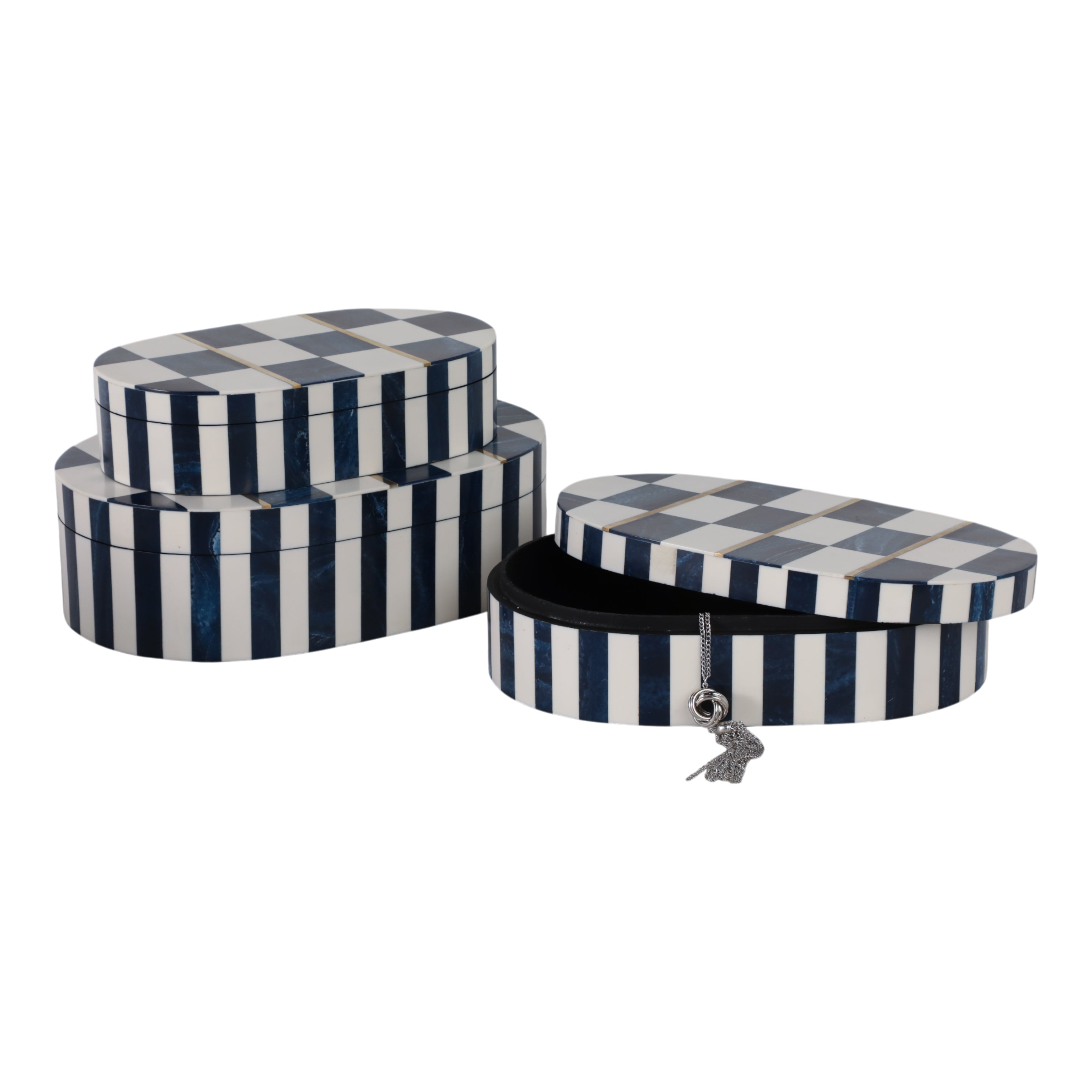 Set of three striped jewelry boxes on a white background