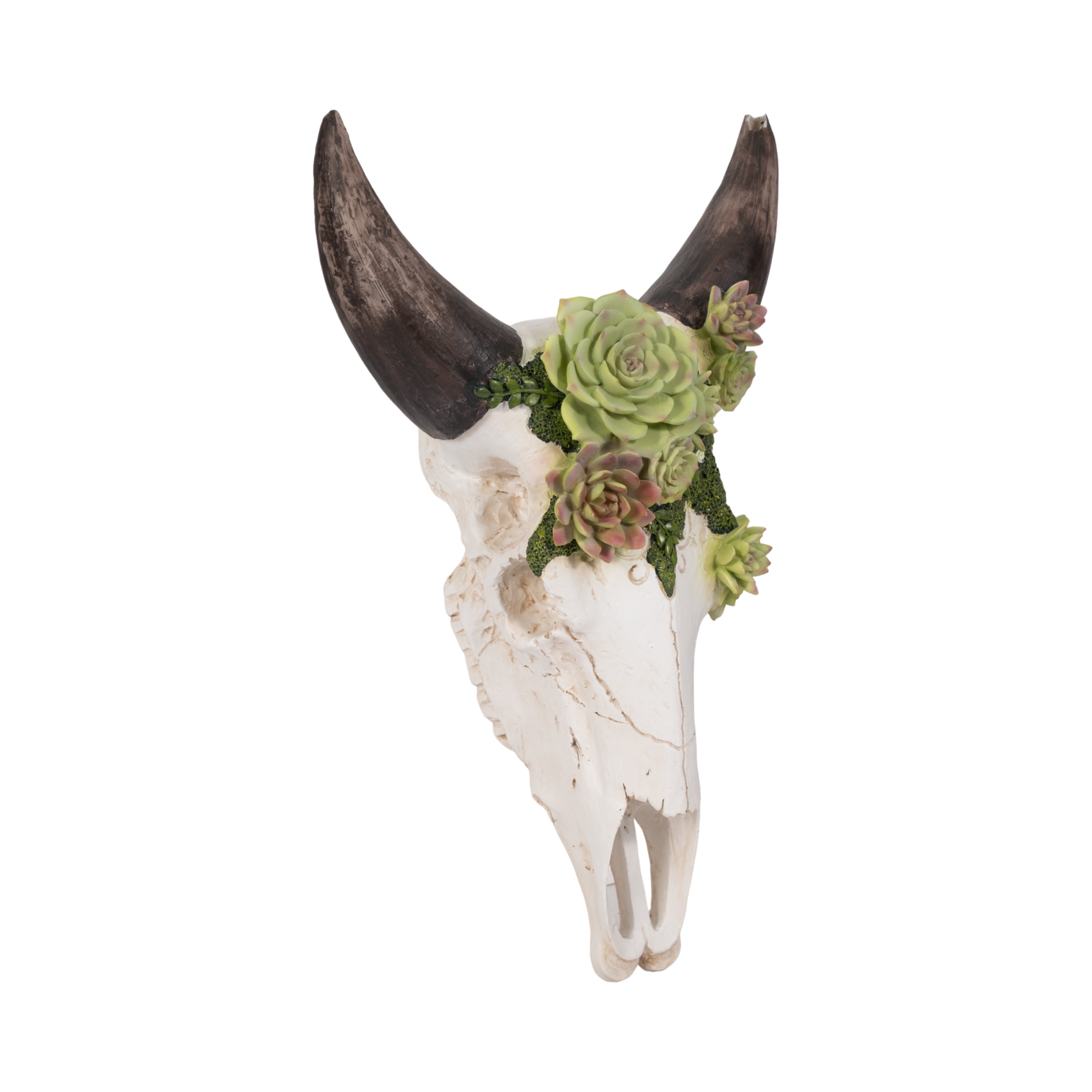 Decorative bull skull with floral arrangement on a white background