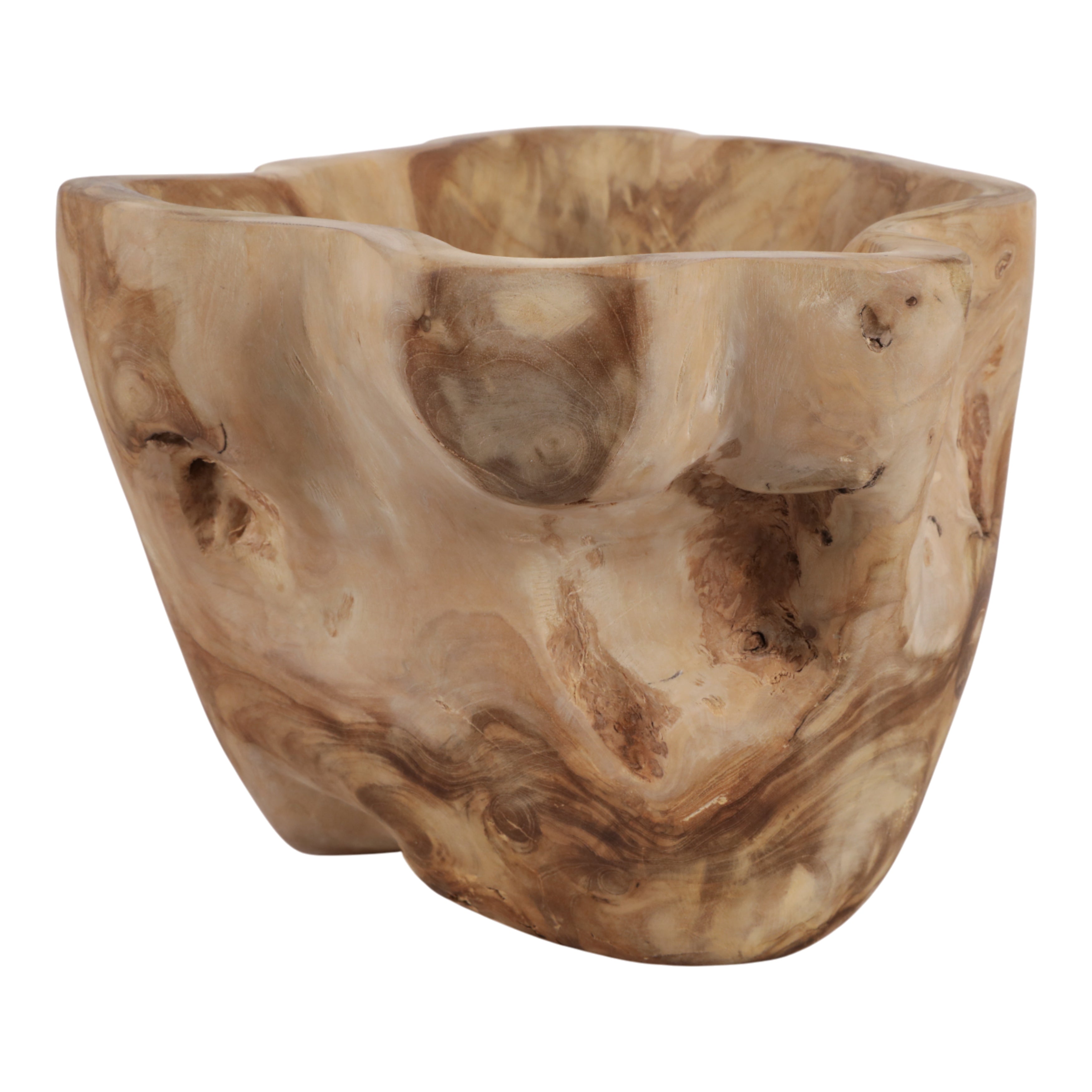 Wooden bowl with natural grain pattern on a white background