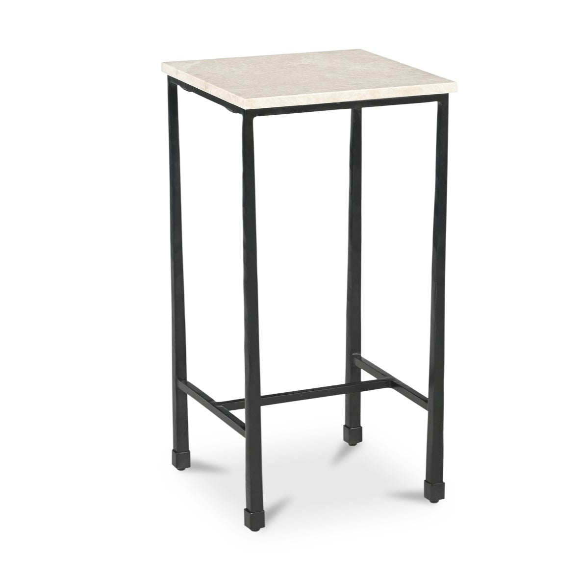 High table with a white marble top and black metal frame on a white background