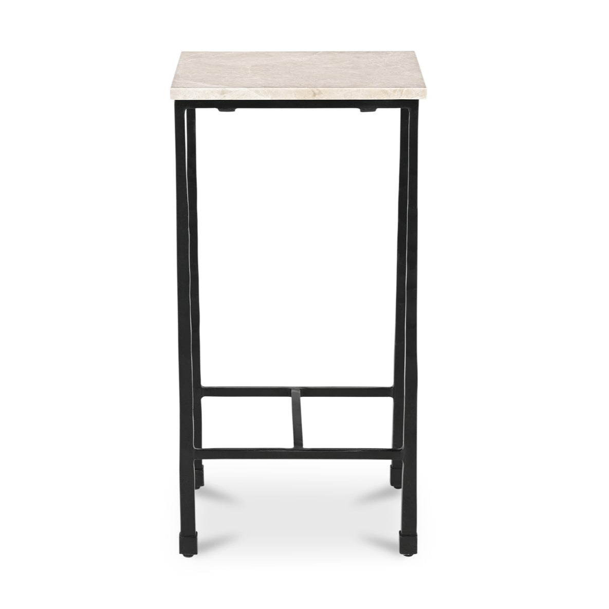 High table with a white marble top and black metal frame on a white background