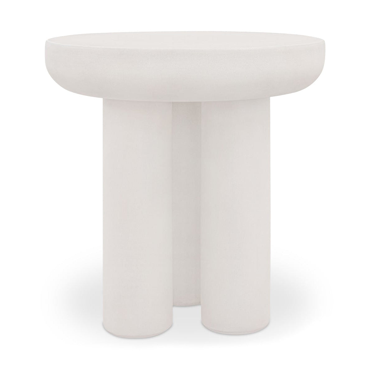 Round white table with three cylindrical legs on a white background