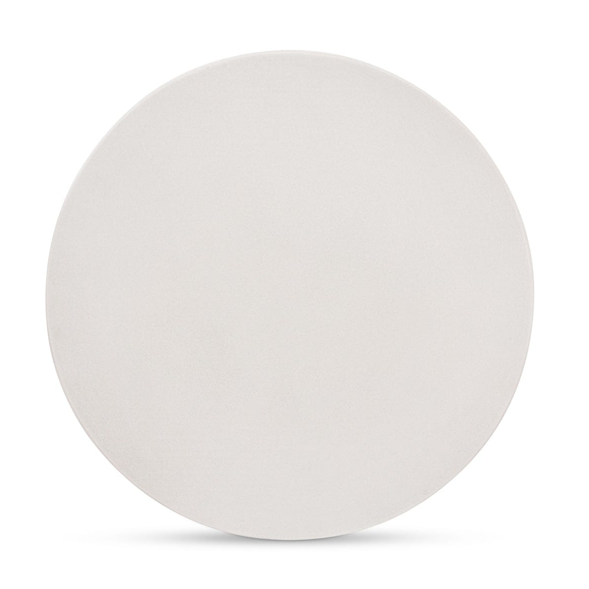 Round white table with three cylindrical legs on a white background
