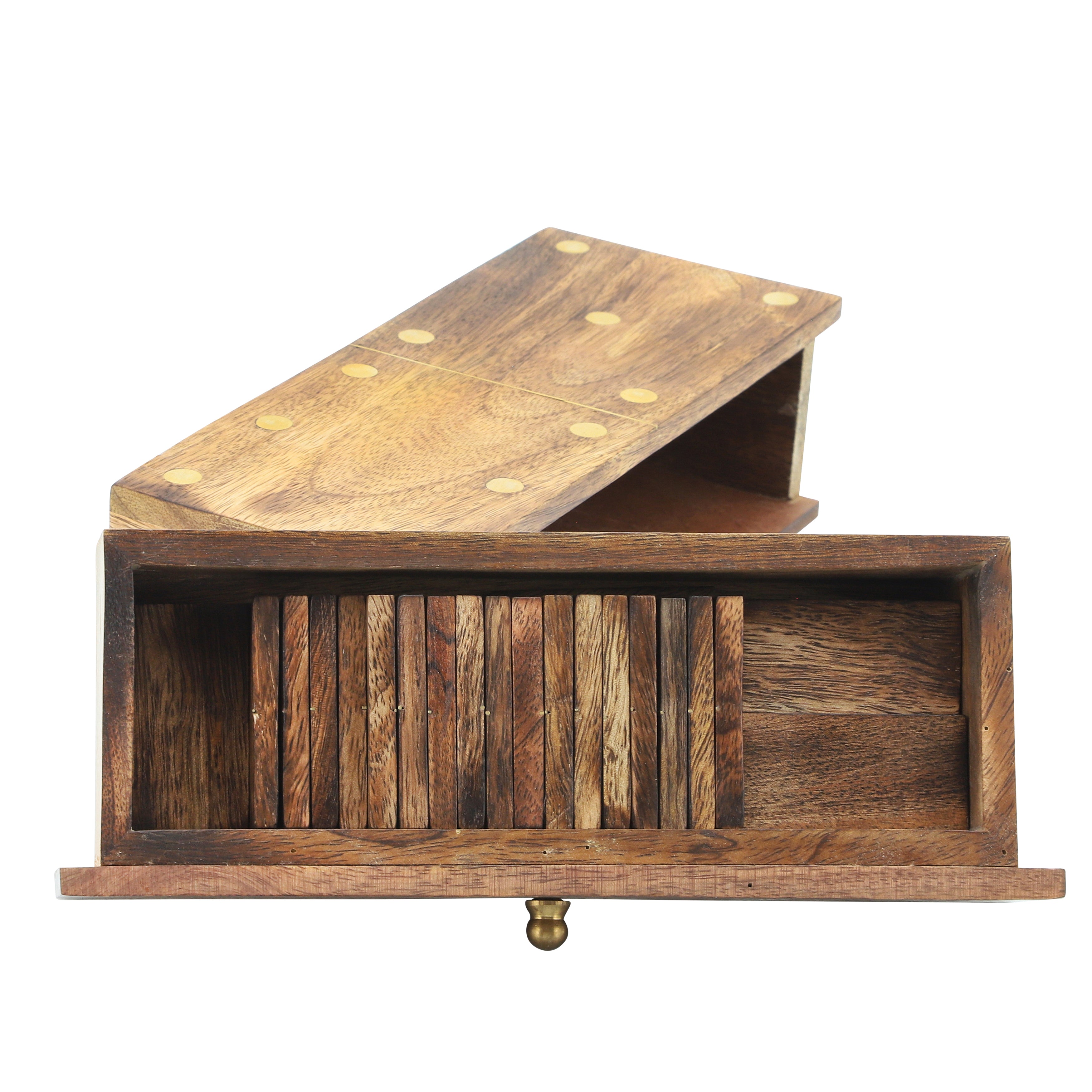 Wooden jewelry box with a hinged lid on a white background