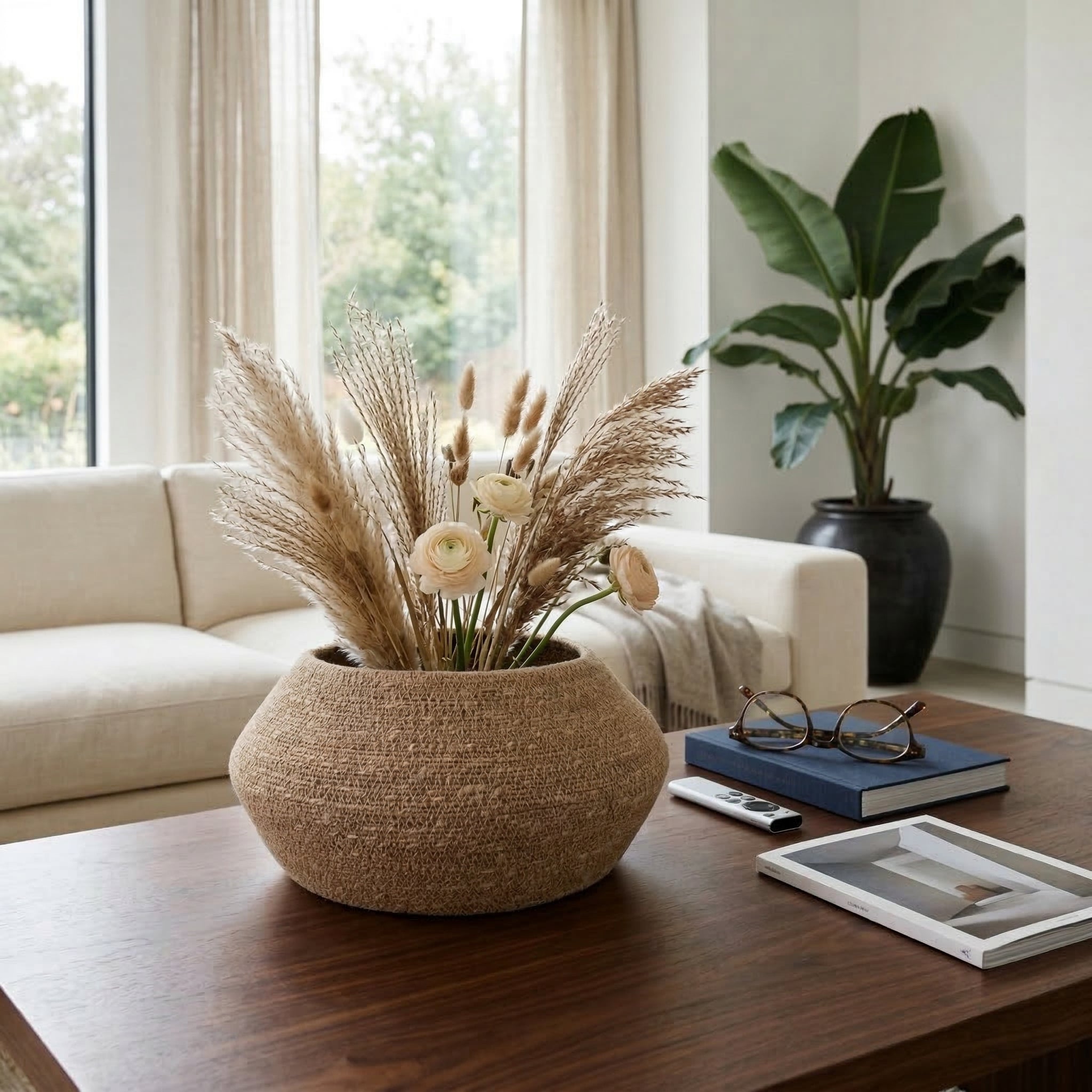 Decorative vase with dried plants on a coffee table in a living room.