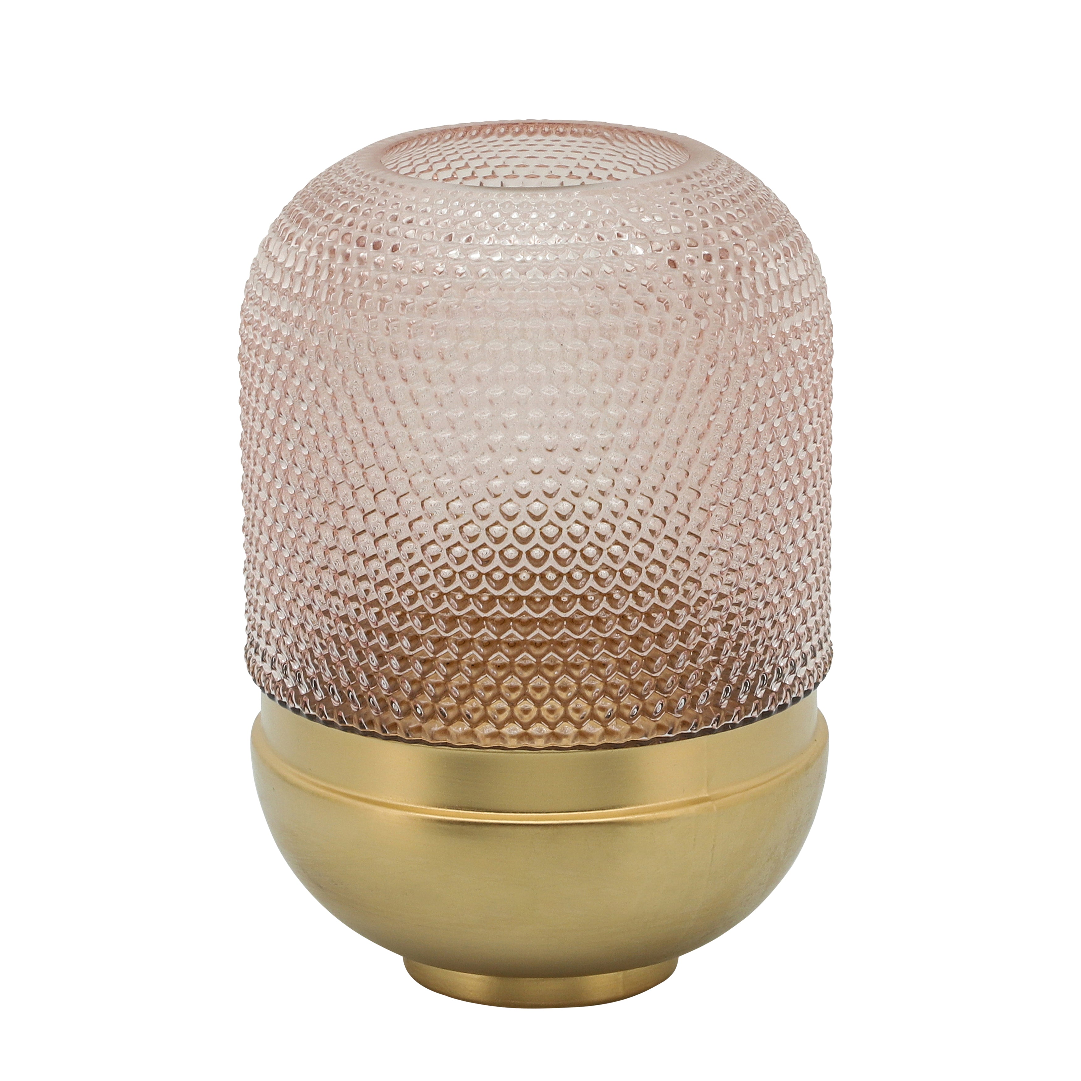 Decorative lamp with textured pink glass top and gold base on a white background
