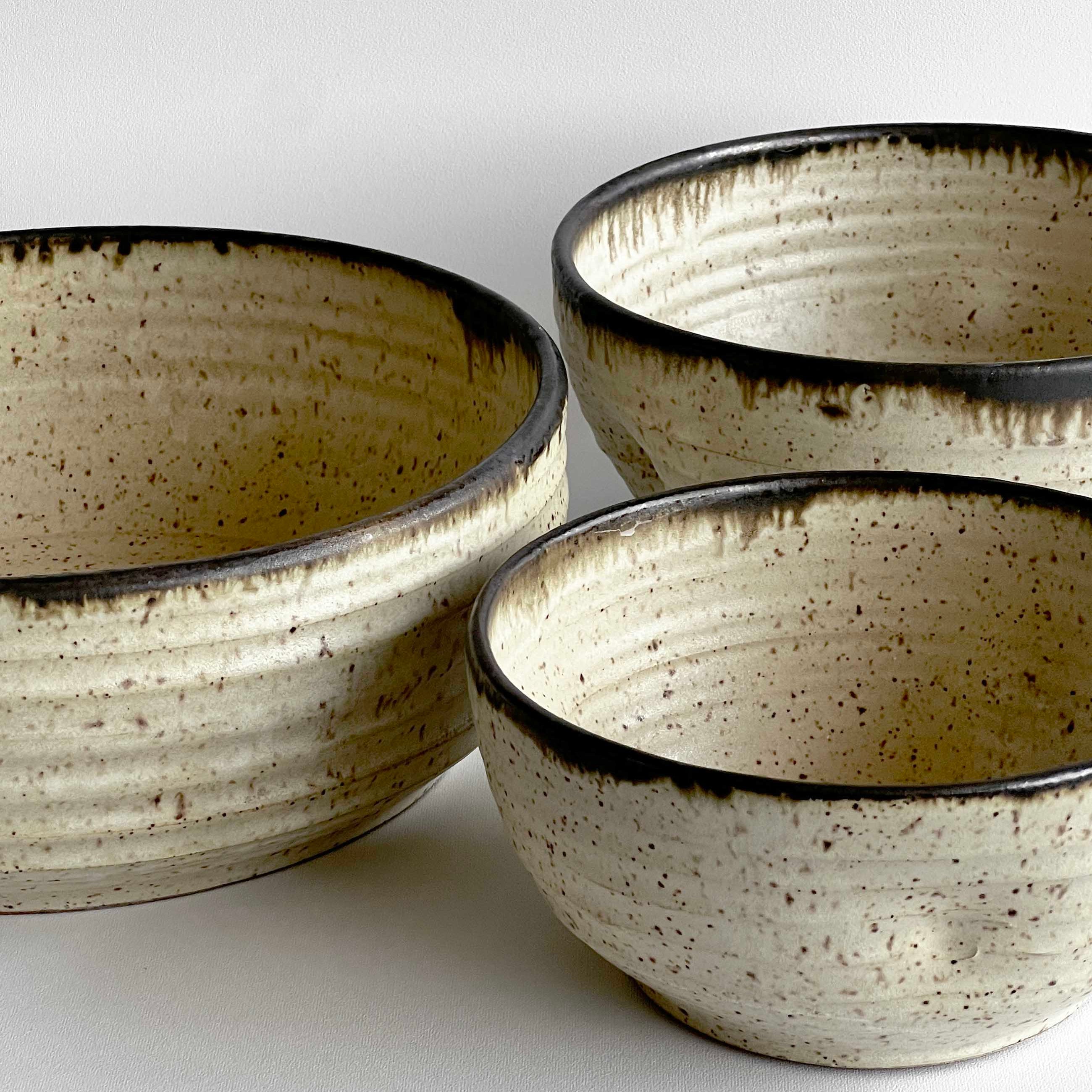 Three ceramic bowls with speckled glaze on a white background