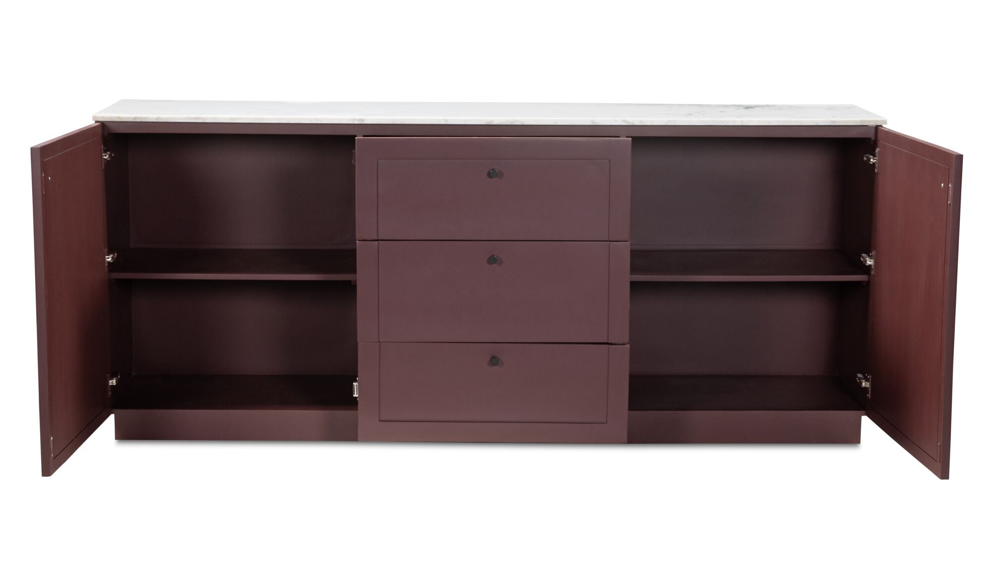 Brown cabinet with open doors on a white background
