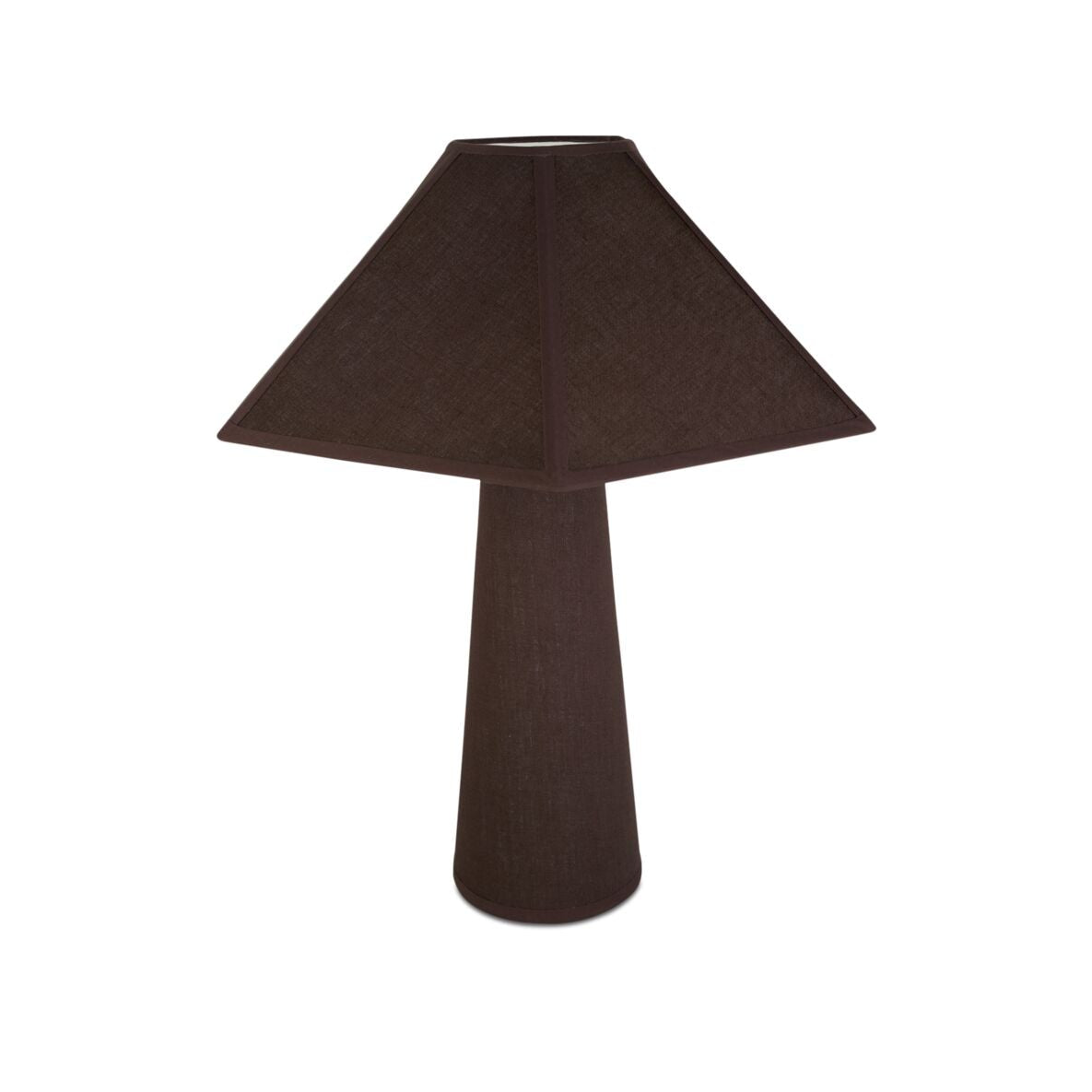 Dark brown fabric-wrapped table lamp with geometric lampshade