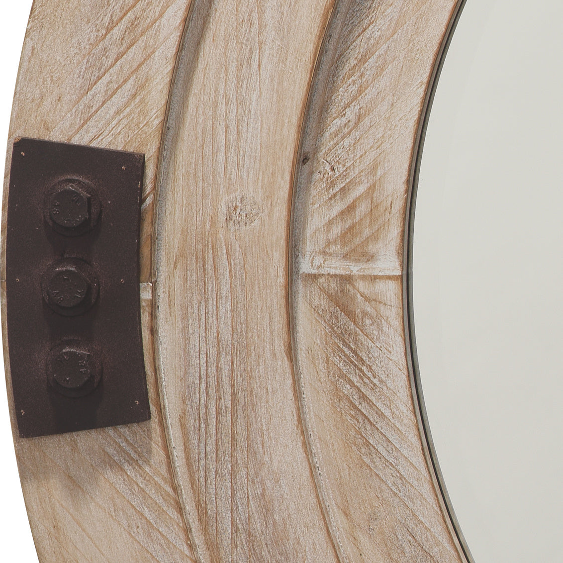 Close-up of a wooden round mirror with metal accents on a white background