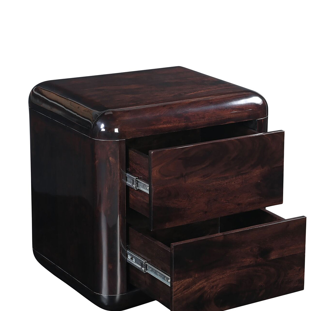 Dark wood nightstand with two drawers on a white background