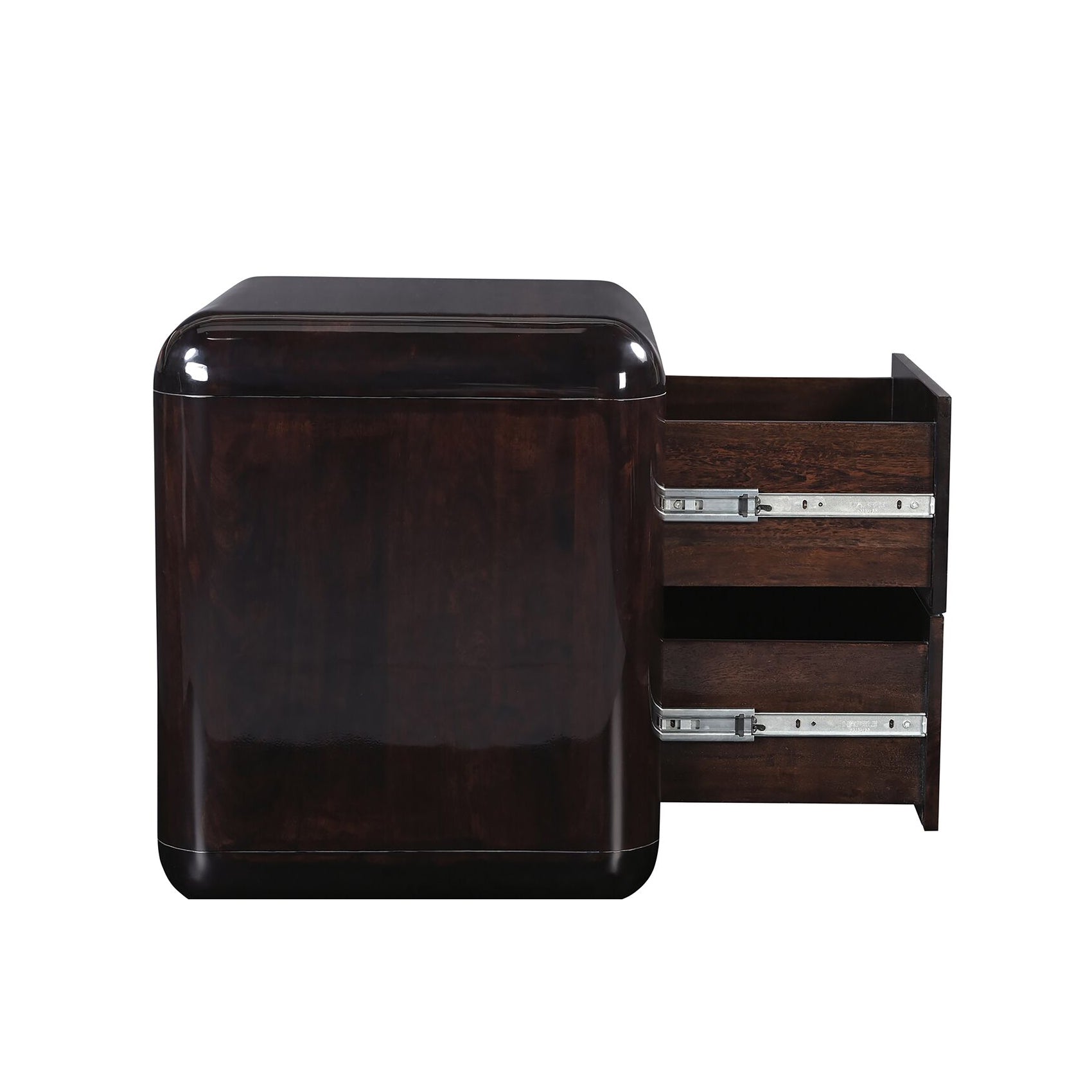 Dark wooden side table with two drawers on a white background