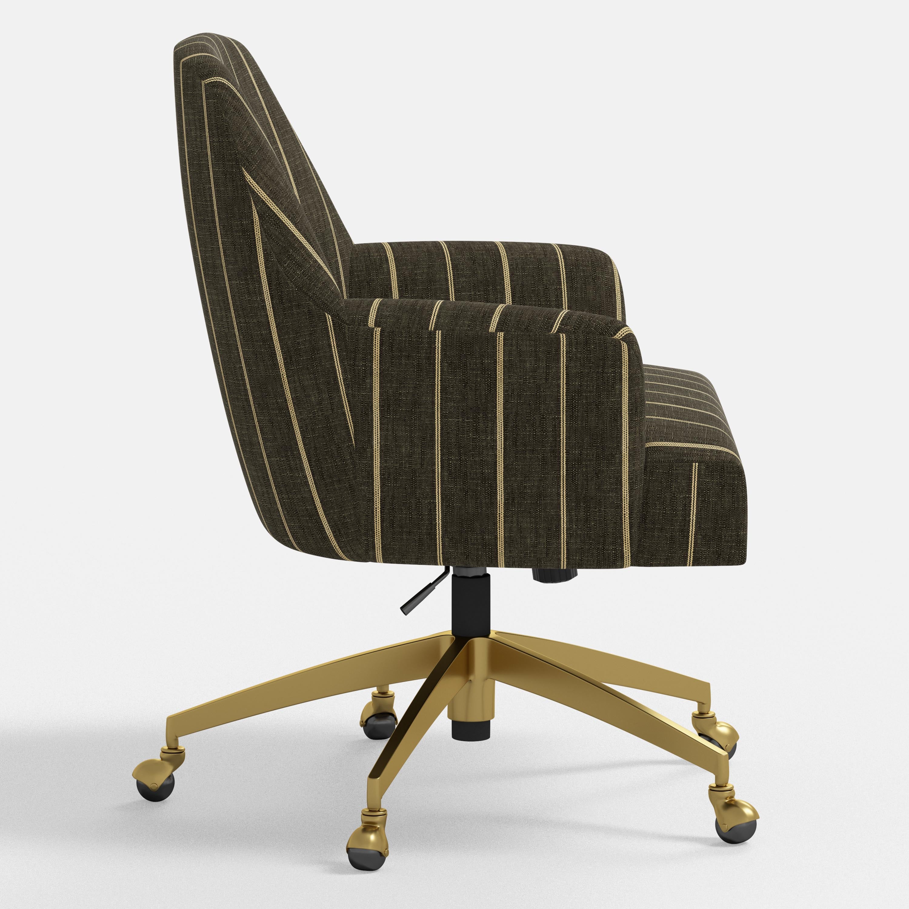 Chair with brown striped fabric and gold base on a white background