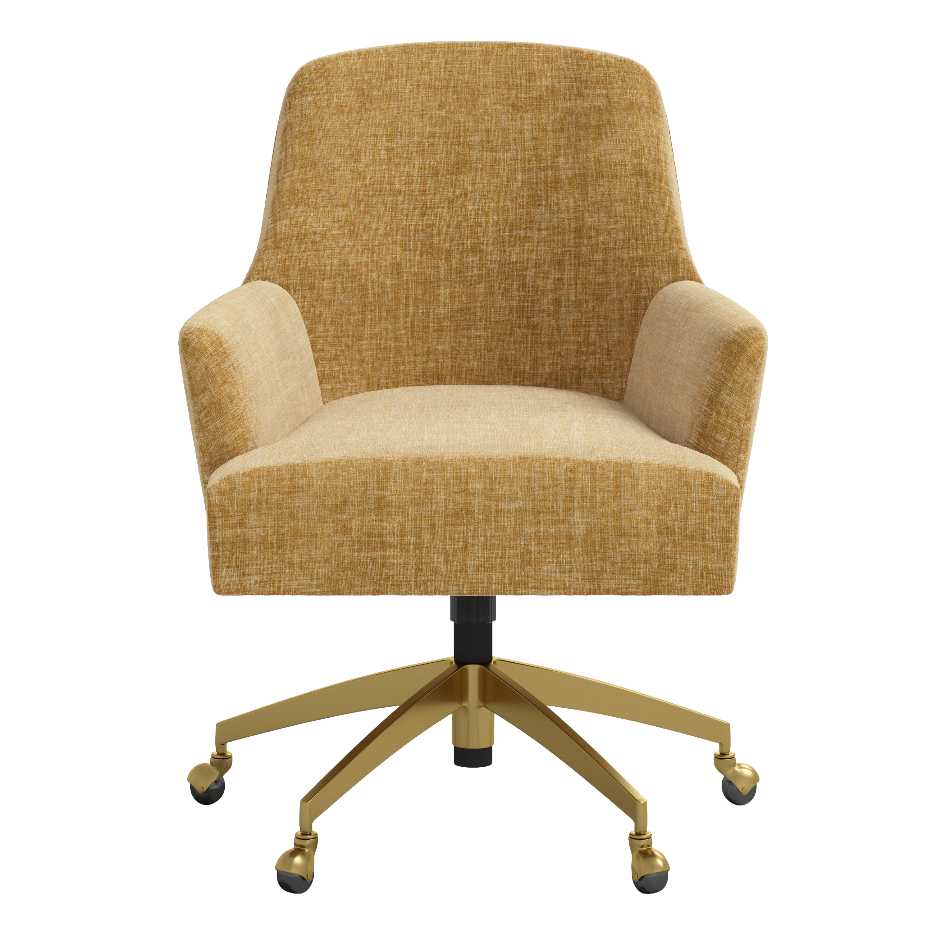 Yellow office chair with gold swivel base on a white background