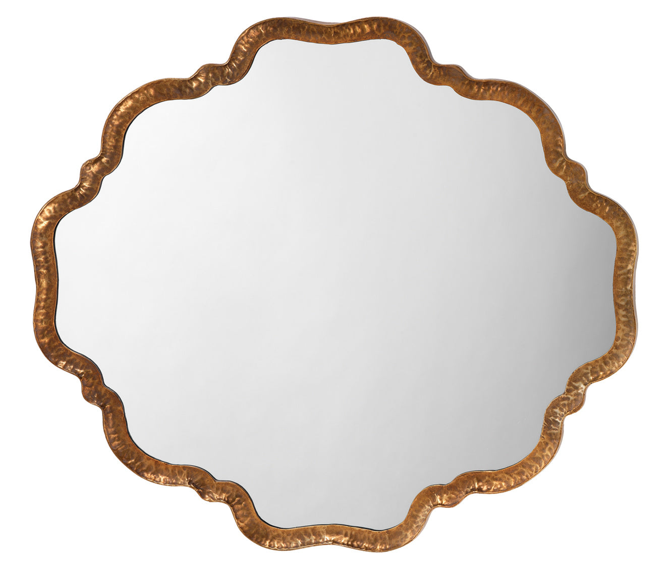 Decorative mirror with a gold scalloped frame on a white background