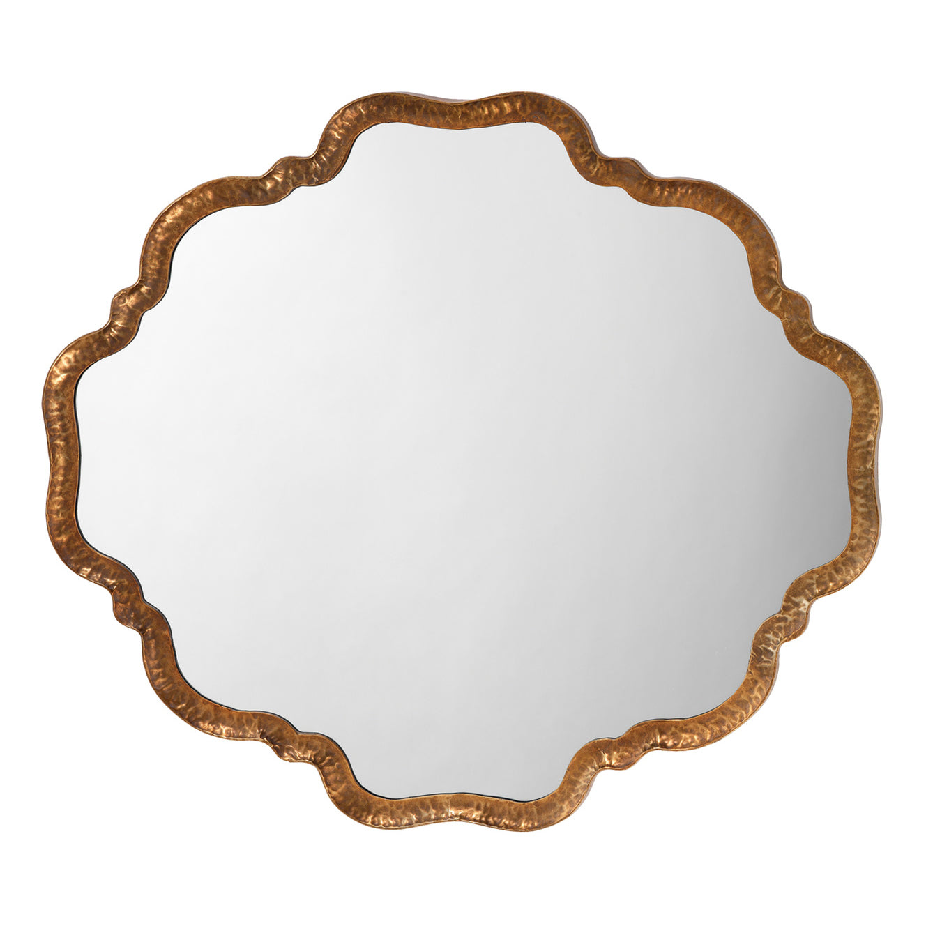 Decorative mirror with a gold scalloped frame on a white background
