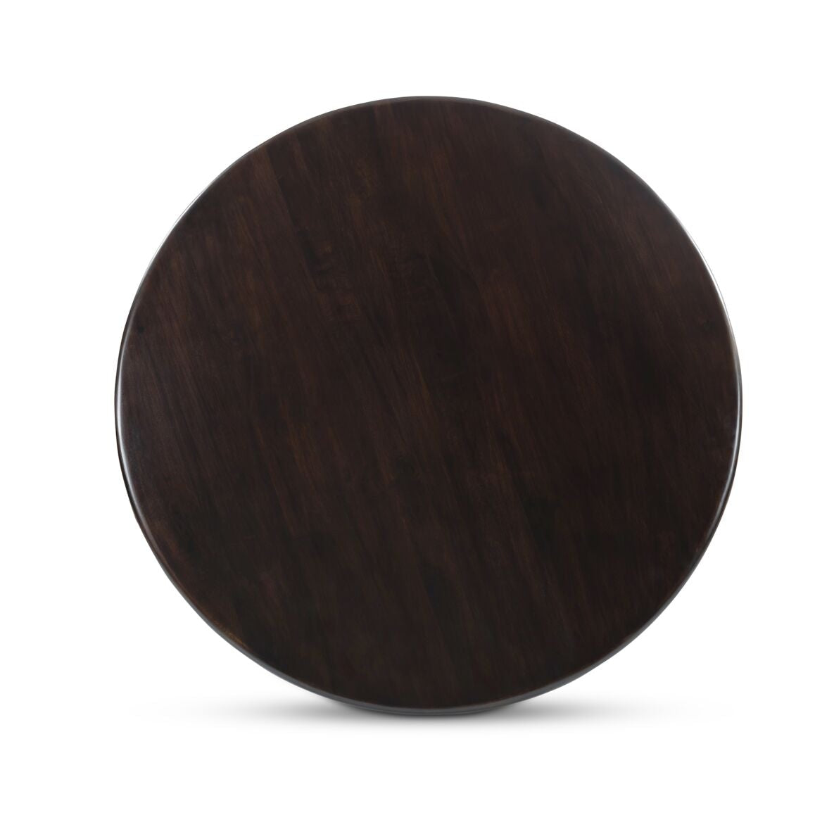 Round dark wooden coaster on a white background