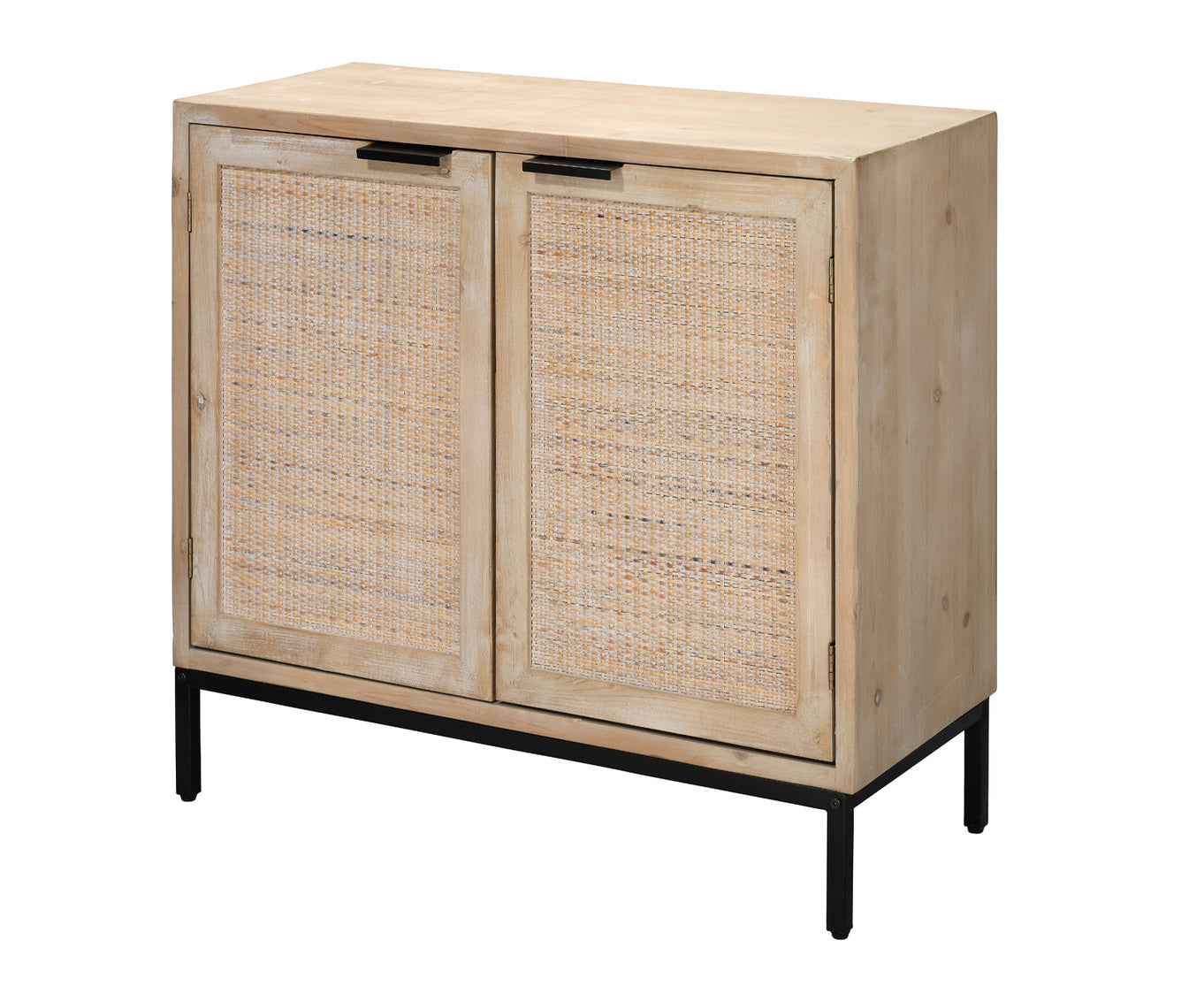 Wooden accent cabinet with rattan doors on a white background