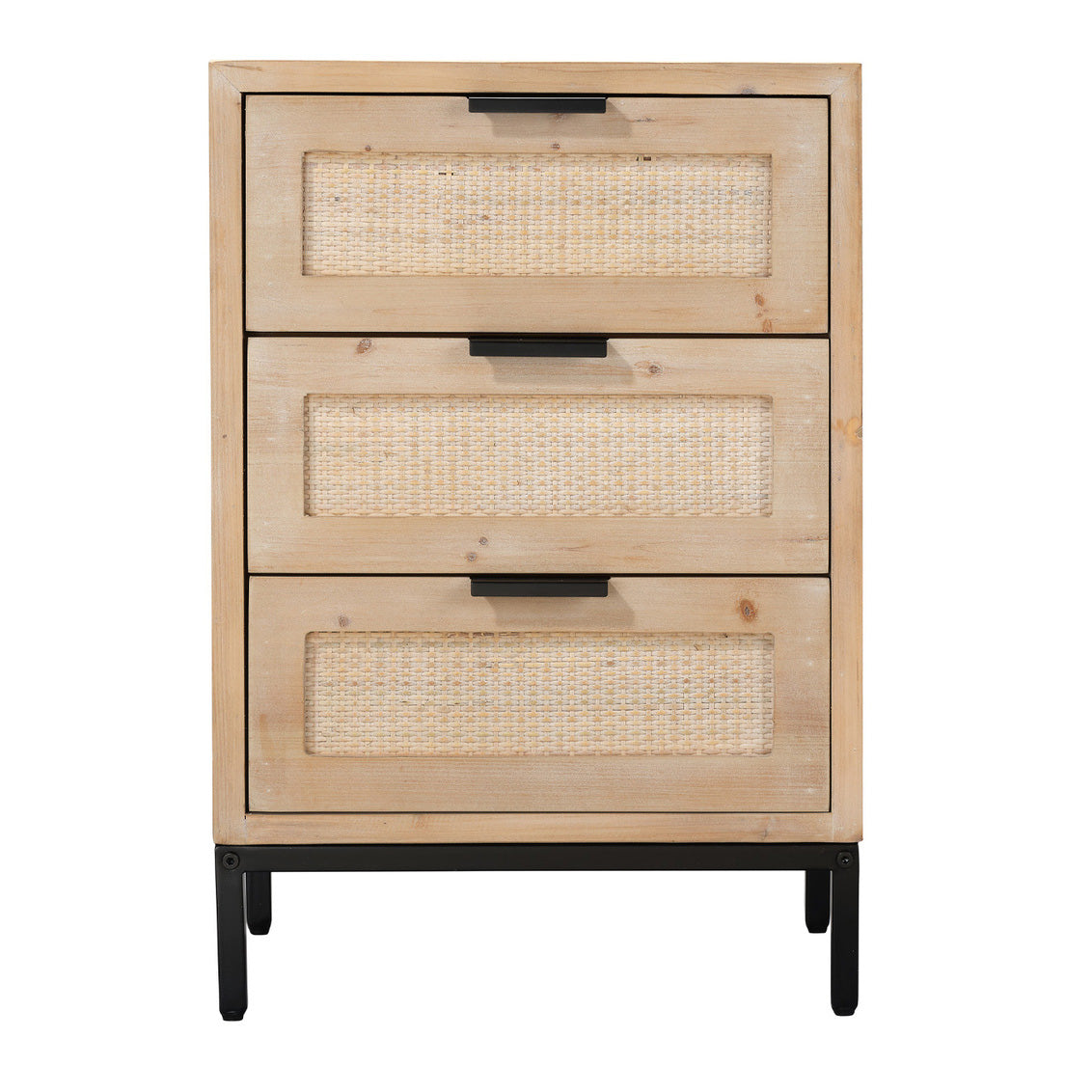 Wooden nightstand with wicker drawers on a white background