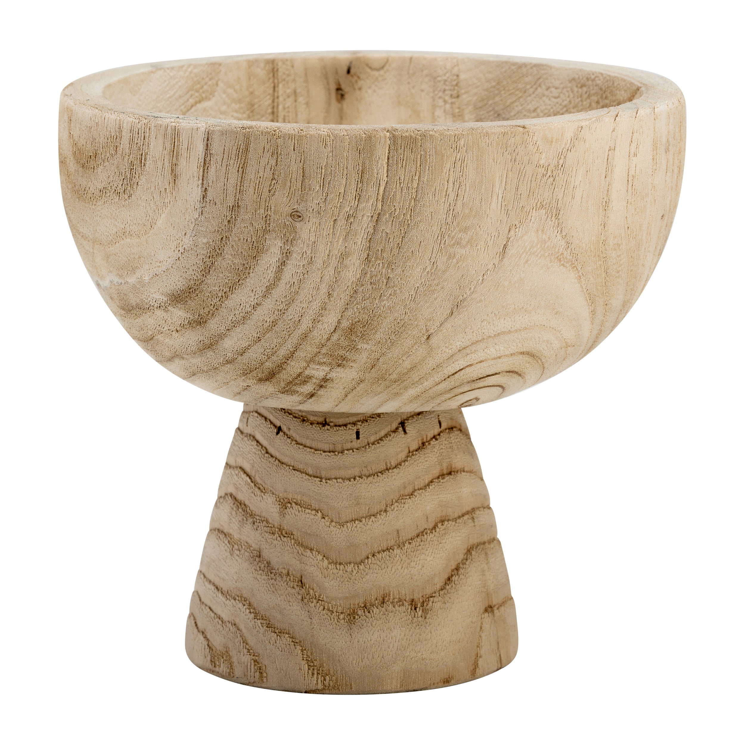 Wooden bowl with a pedestal base on a white background