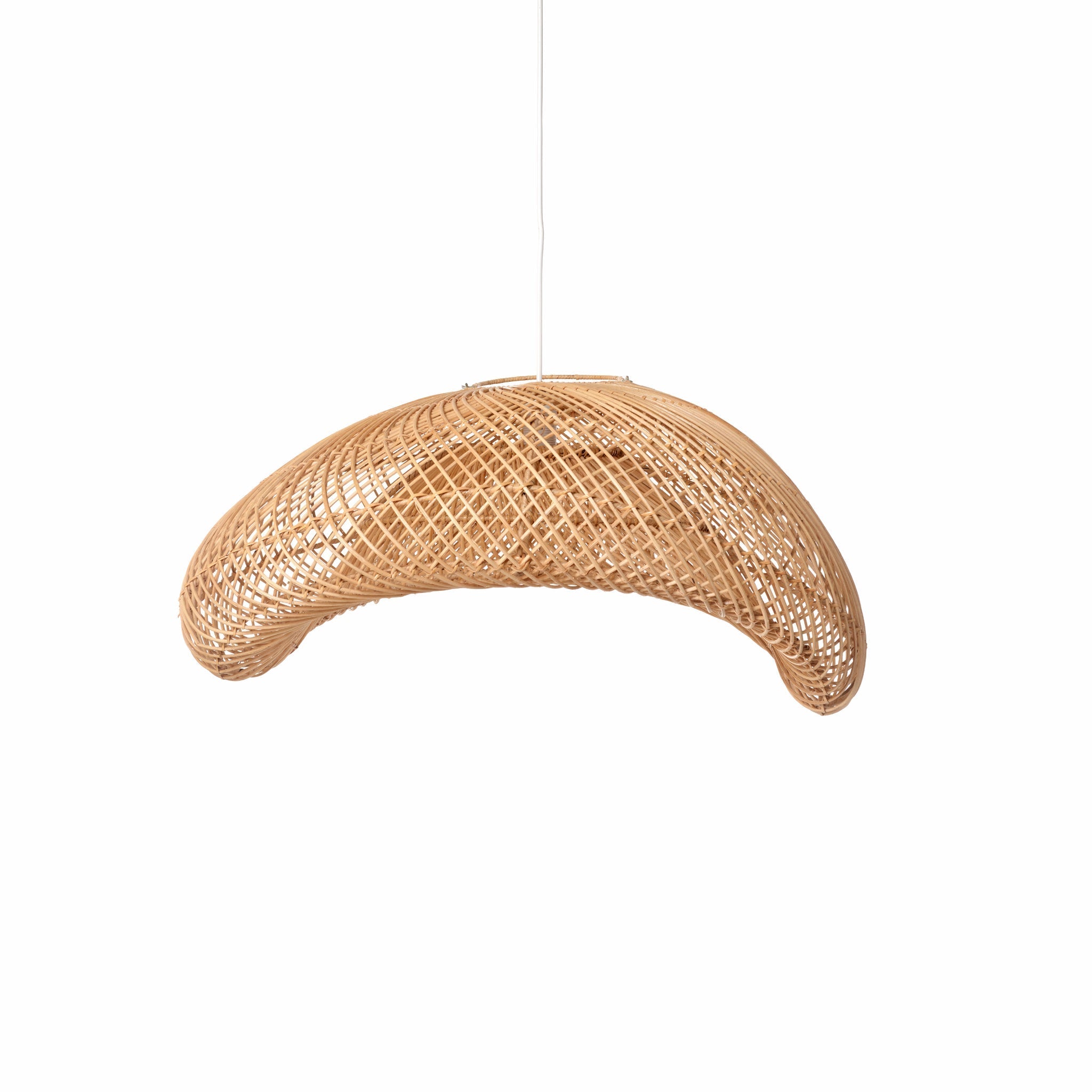Woven rattan pendant light on a white background
