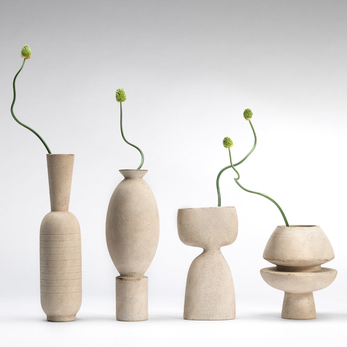 Set of four beige ceramic vases with green stems on a white background