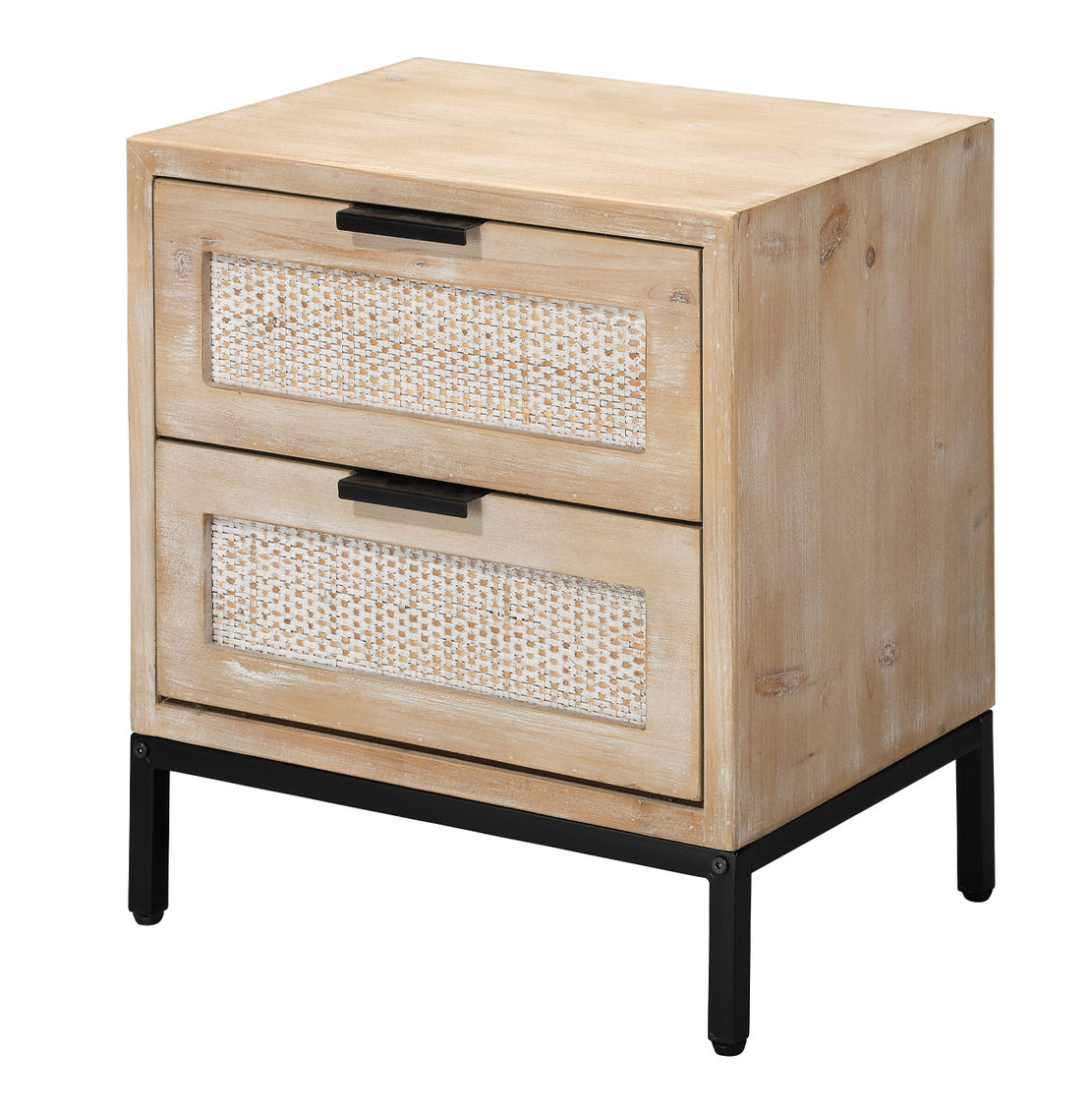 Wooden nightstand with two drawers featuring woven patterns on a white background