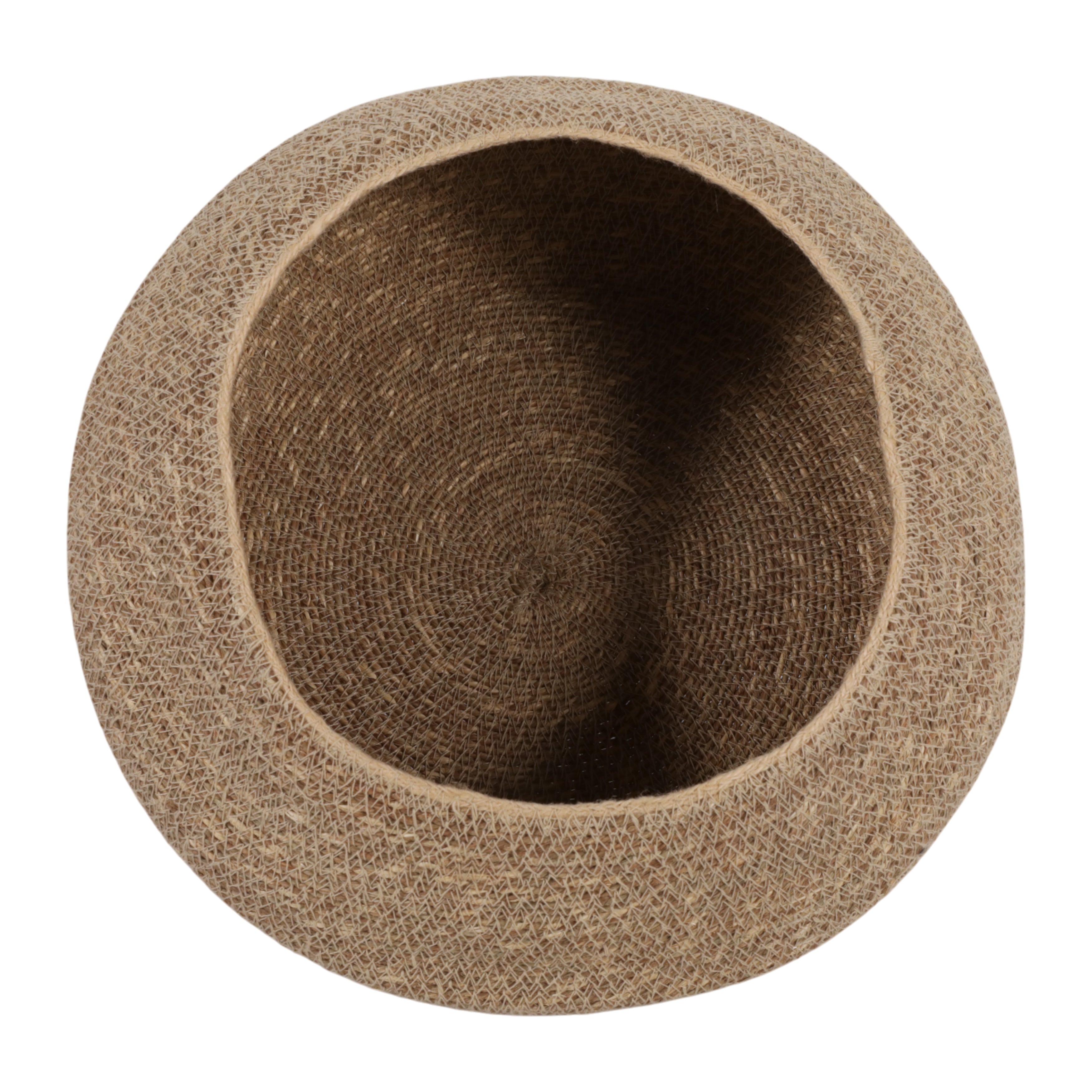 Round brown cat bed with textured surface on a white background