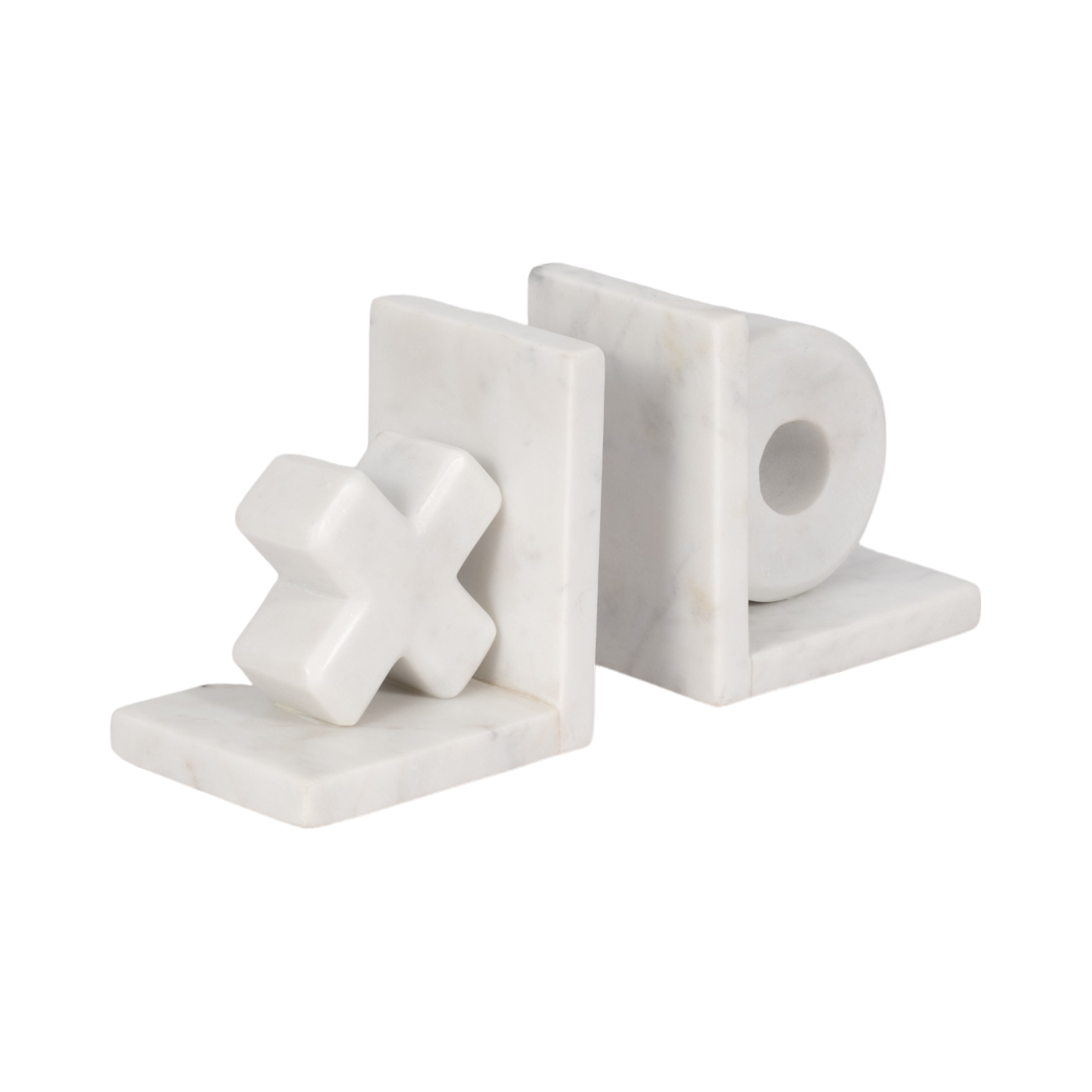 Two white marble bookends on a white background