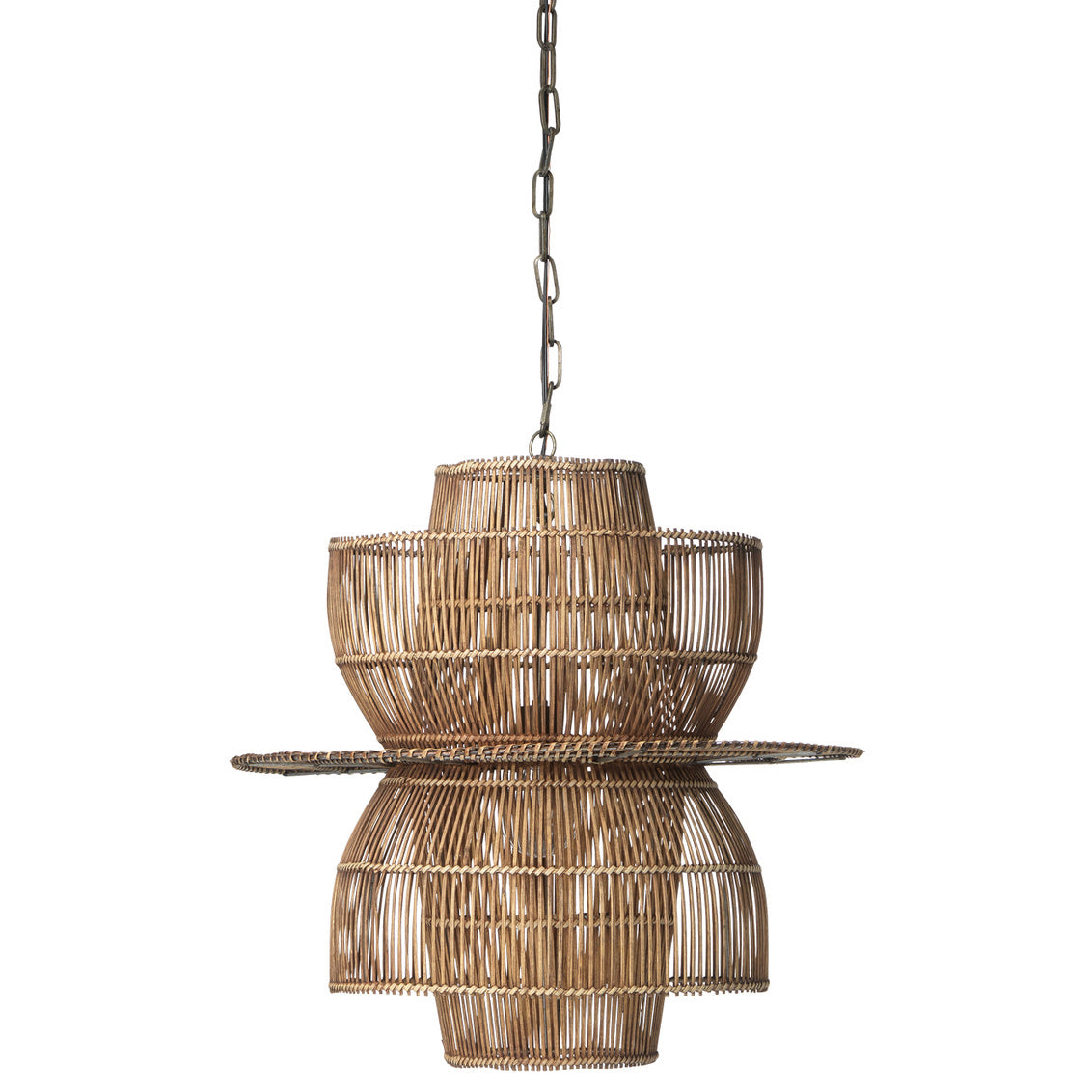 Woven rattan pendant light on a white background