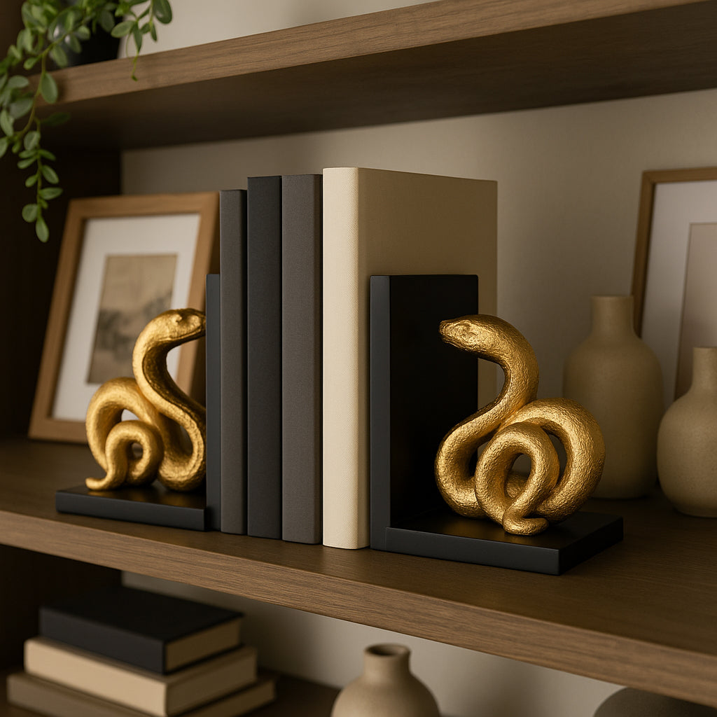 Decorative bookends shaped like serpents on a shelf with books and vases.