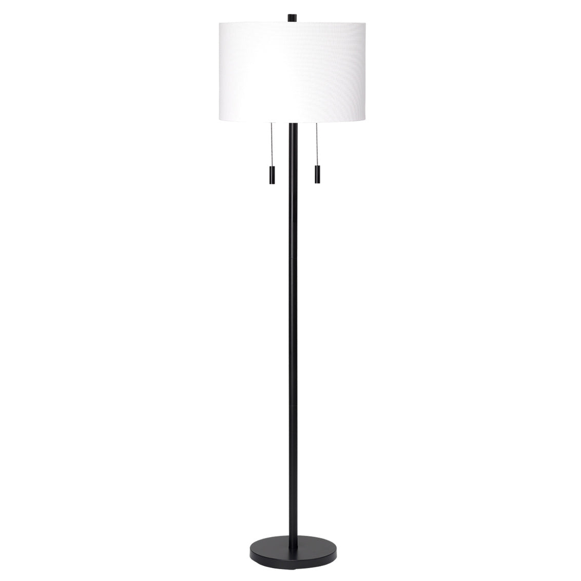Black floor lamp with a white shade on a white background