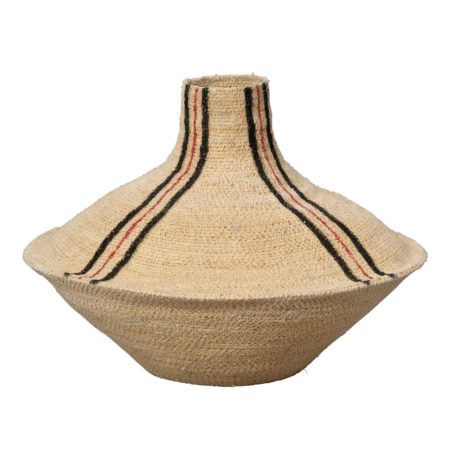 Woven basket with striped pattern on a white background