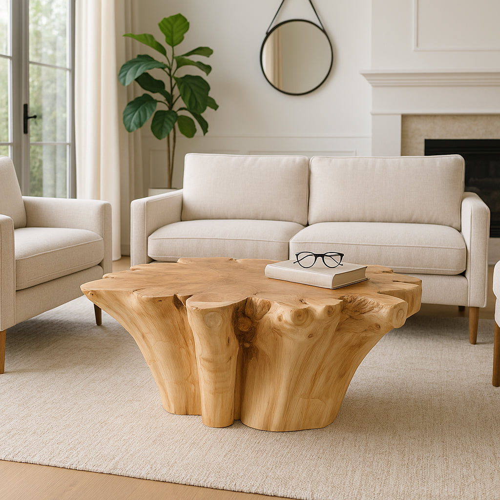 Living room with a beige sofa, wooden coffee table, and decorative elements.