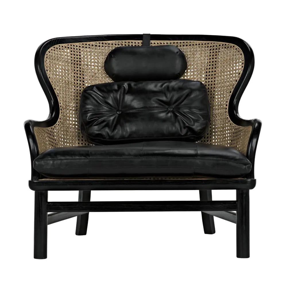 Black leather armchair with woven backrest on a white background