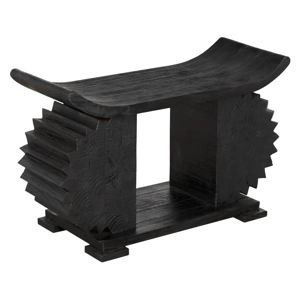 Black wooden bench with a unique design on a white background