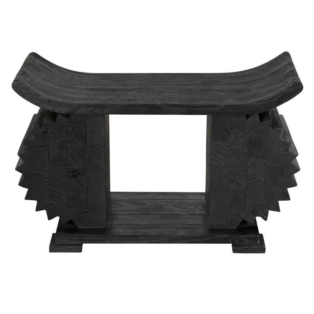 Black wooden bench with curved seat and jagged details on a white background
