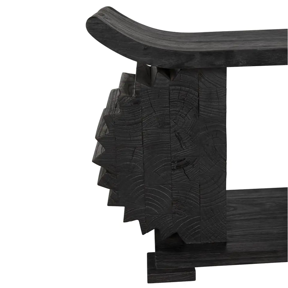 Black wooden bench with textured design on a white background