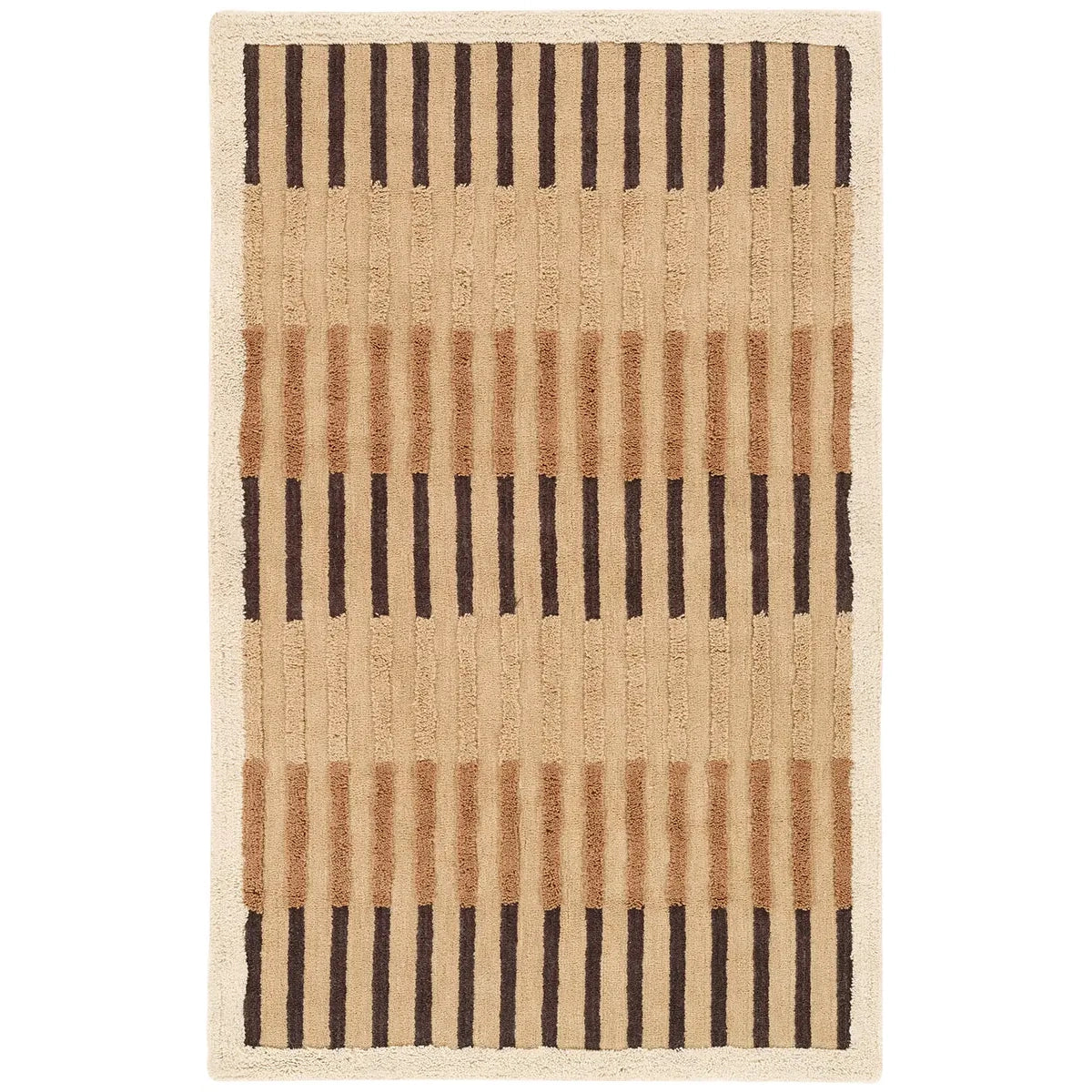 Beige and brown striped rug on a white background