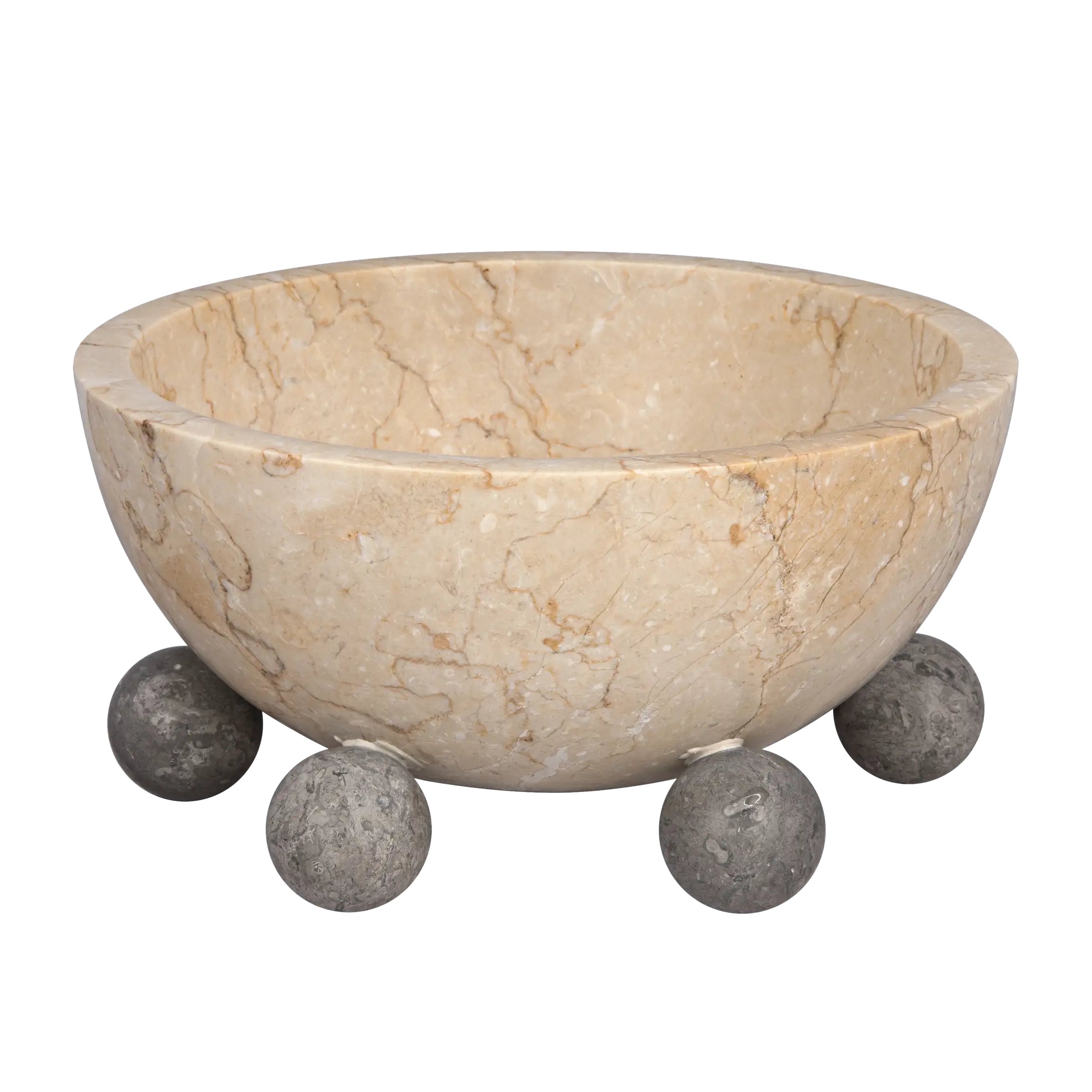 Beige marble bowl with spherical stone feet on a white background