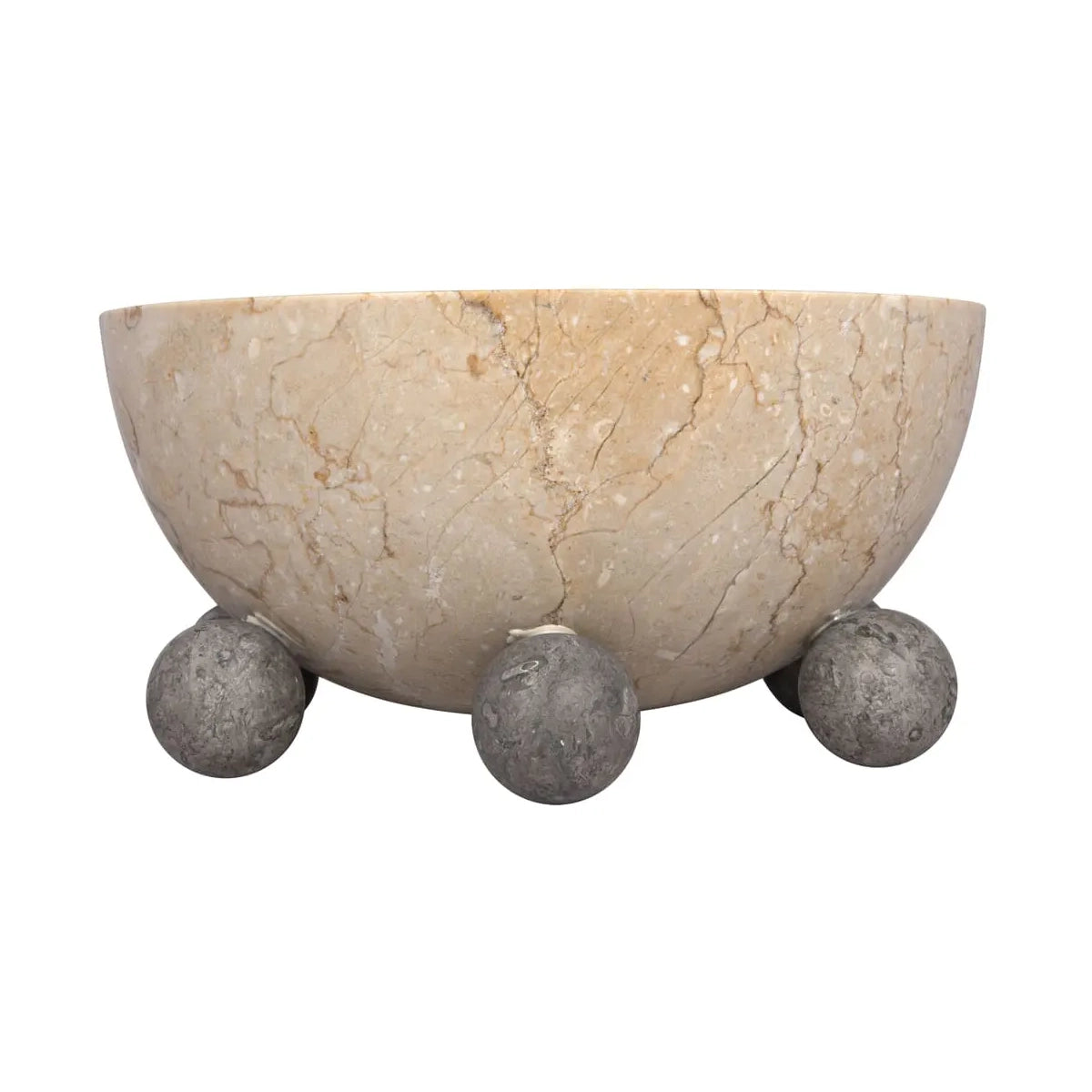 Beige stone bowl with three spherical feet on a white background