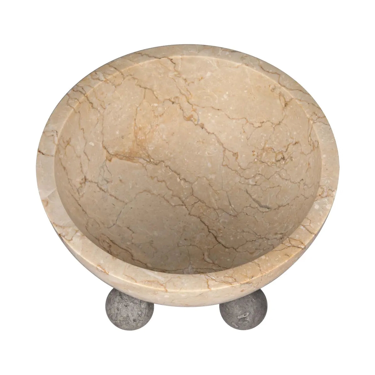 Round stone bowl with three legs on a white background