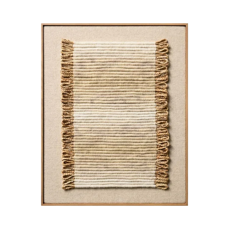 A rectangular woven rug with horizontal ribbed texture, fringed edges, and a natural wood frame, shown against a plain white background.