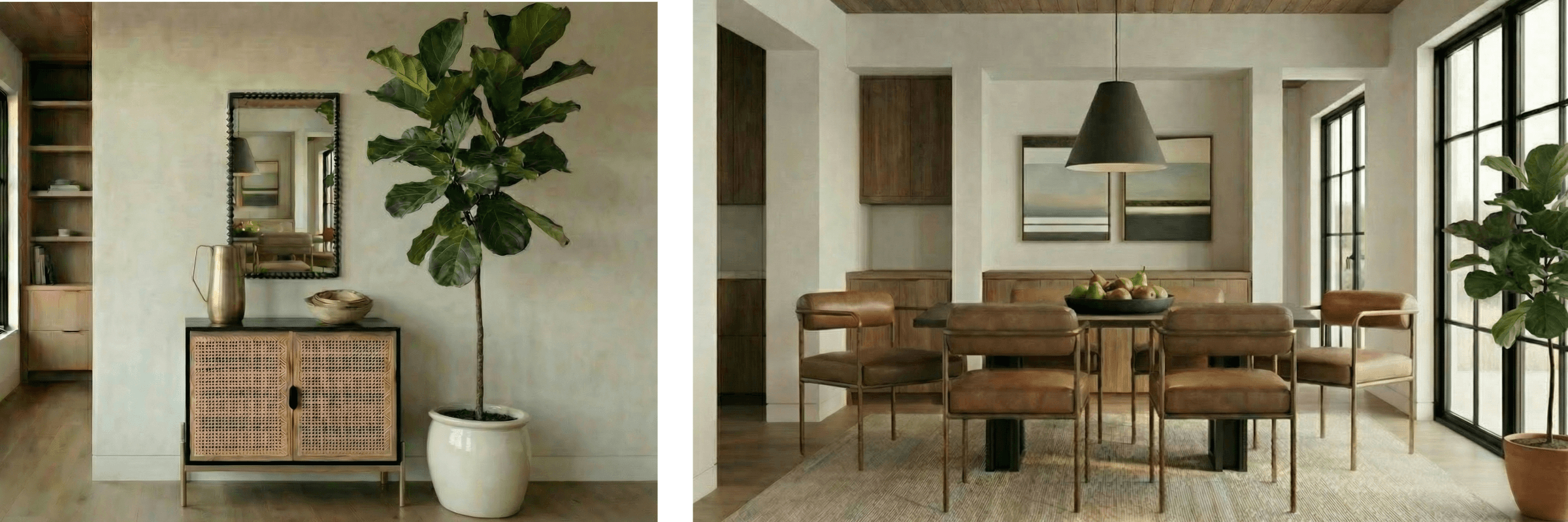 Dining room with wooden furniture and large plant
