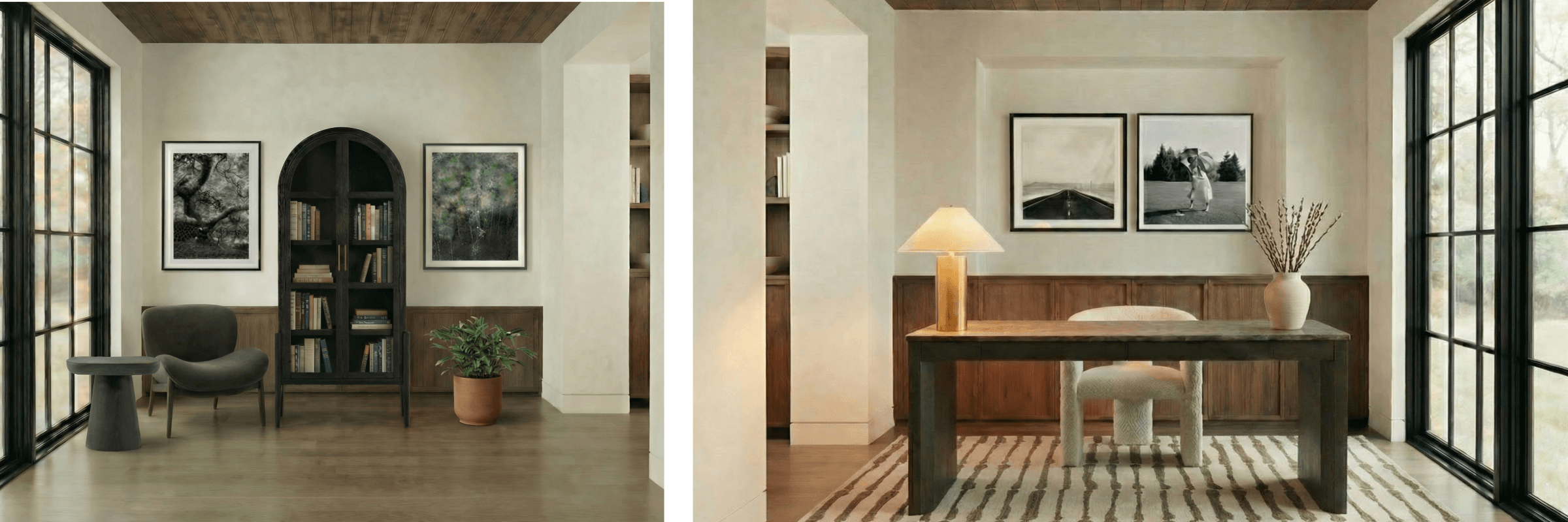 Two interior design scenes: one with a bookshelf and framed pictures, the other with a dining table and chairs.