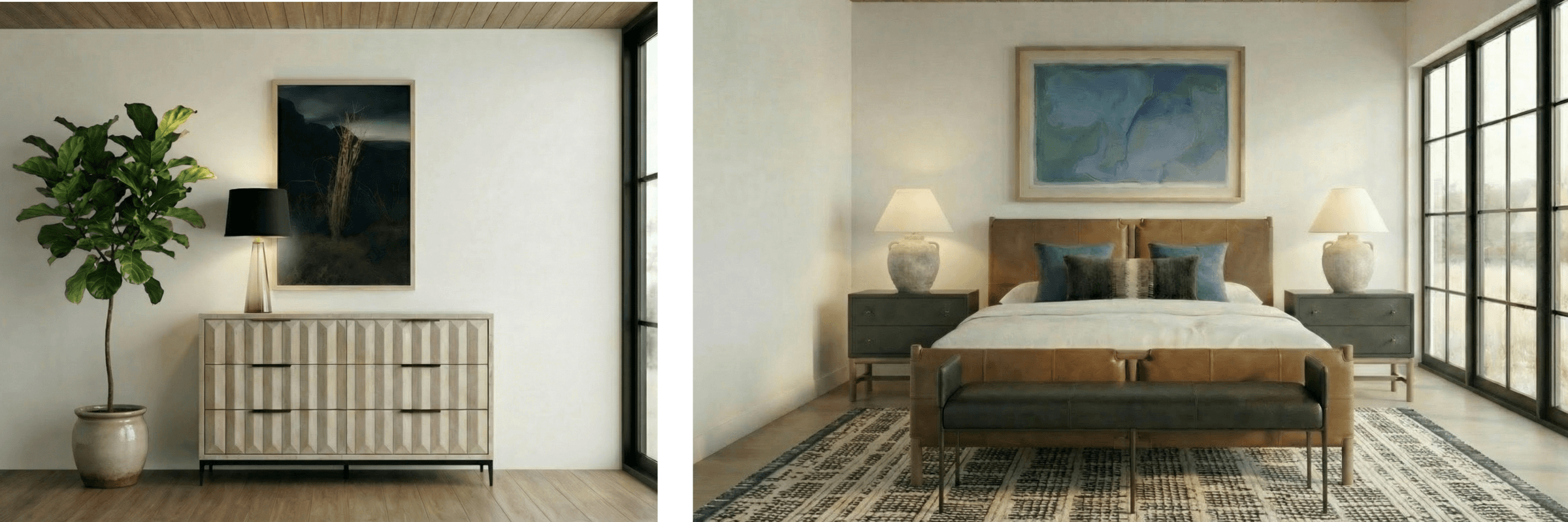 Two bedroom interior designs with furniture and decor.