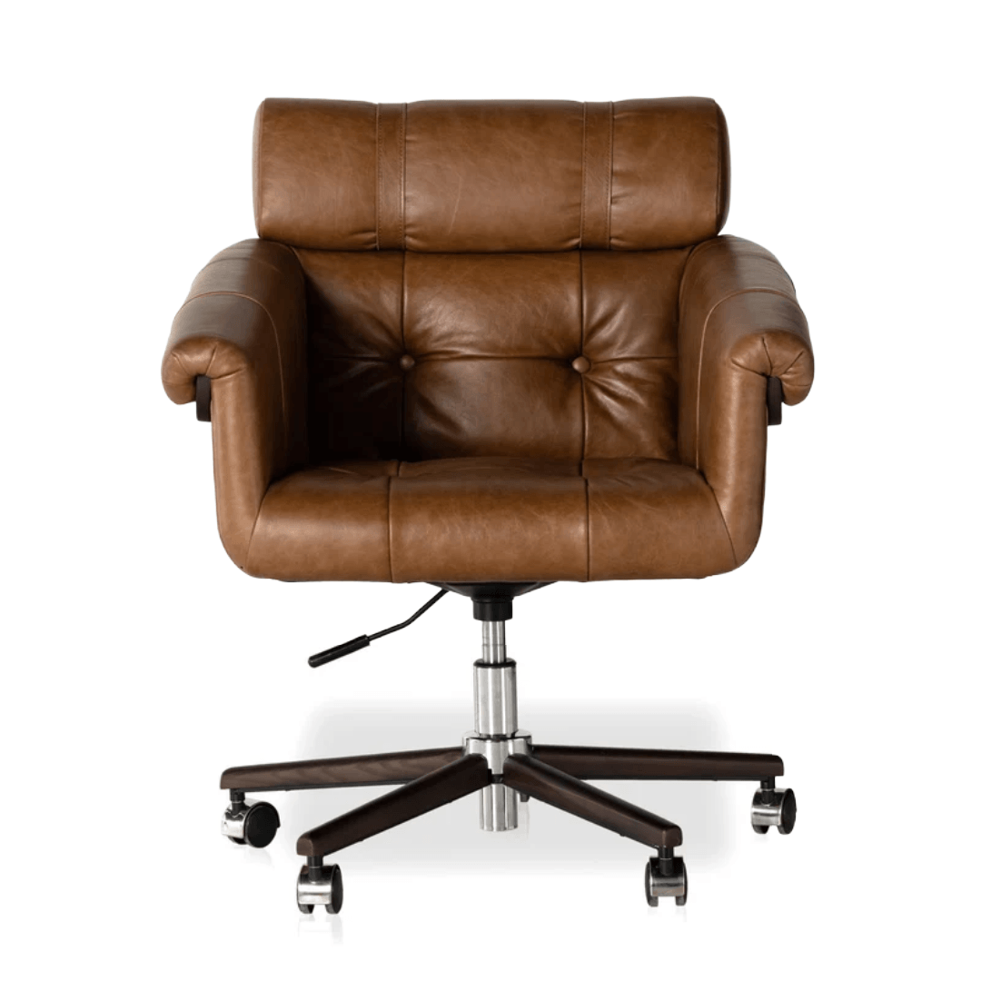 A brown leather office chair with a tufted backrest, padded armrests, and a dark wood five-star wheeled base on a white background.